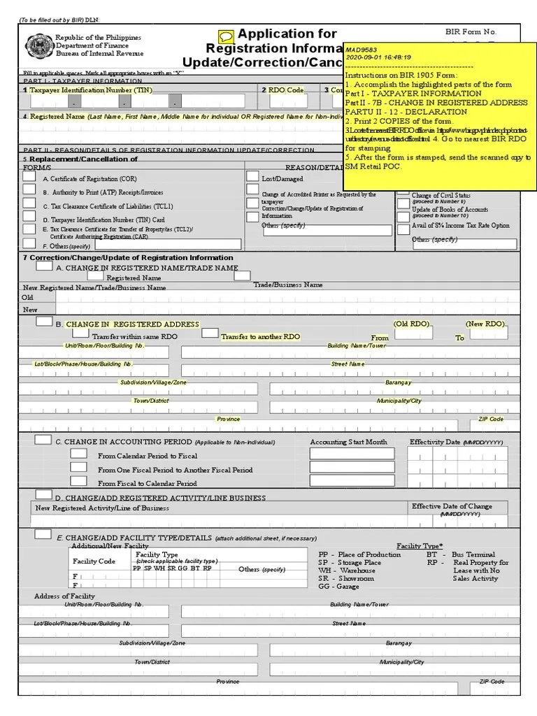 BIR 1905 Form Update Or Transfer Of RDO PDF Invoice Receipt
