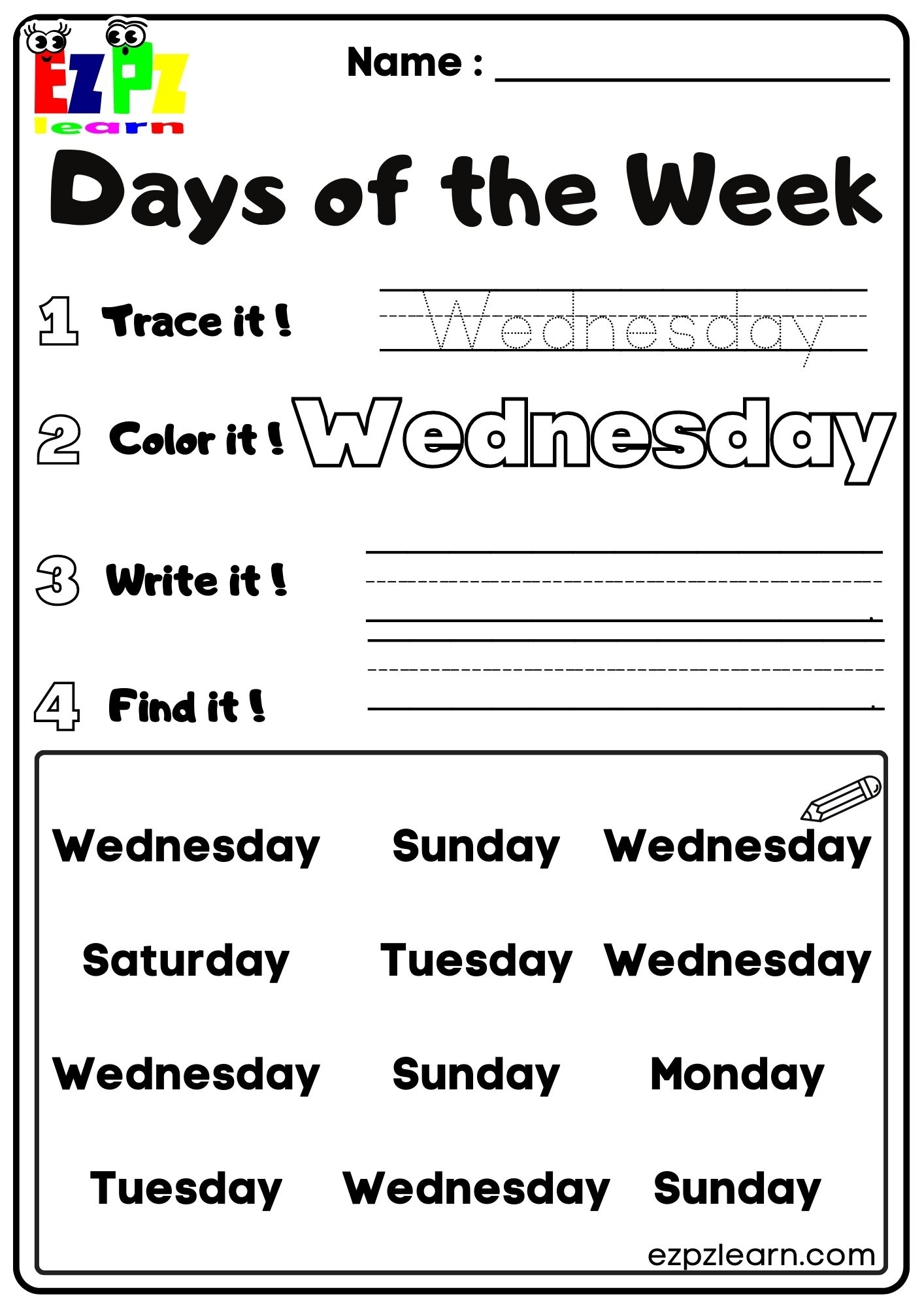 Days Of The Week Ezpzlearn
