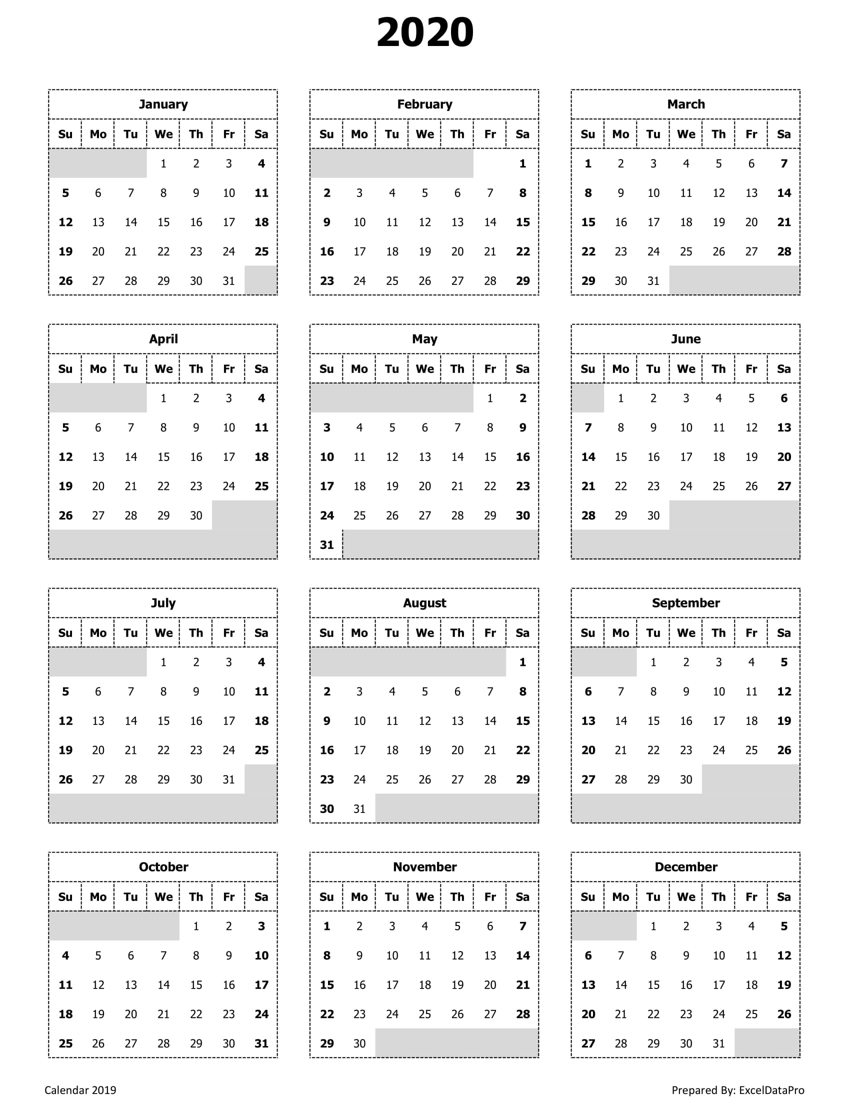 Download 2020 Monthly Calendar Sun Start Ink Saver Excel 