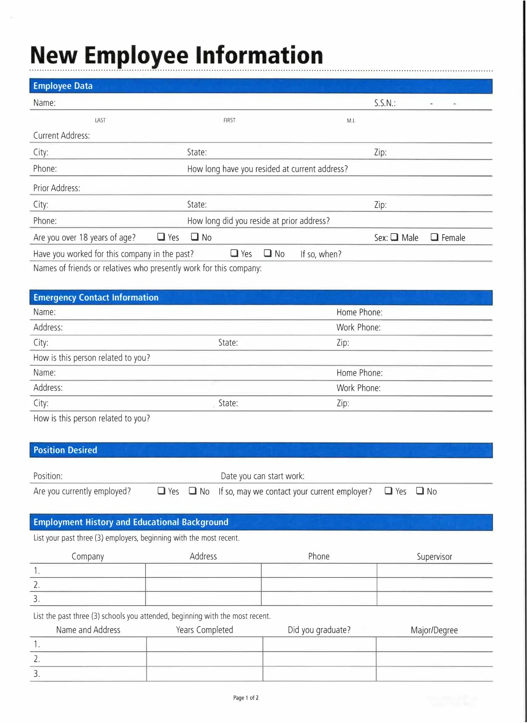 Printable New Hire Employee Information Form