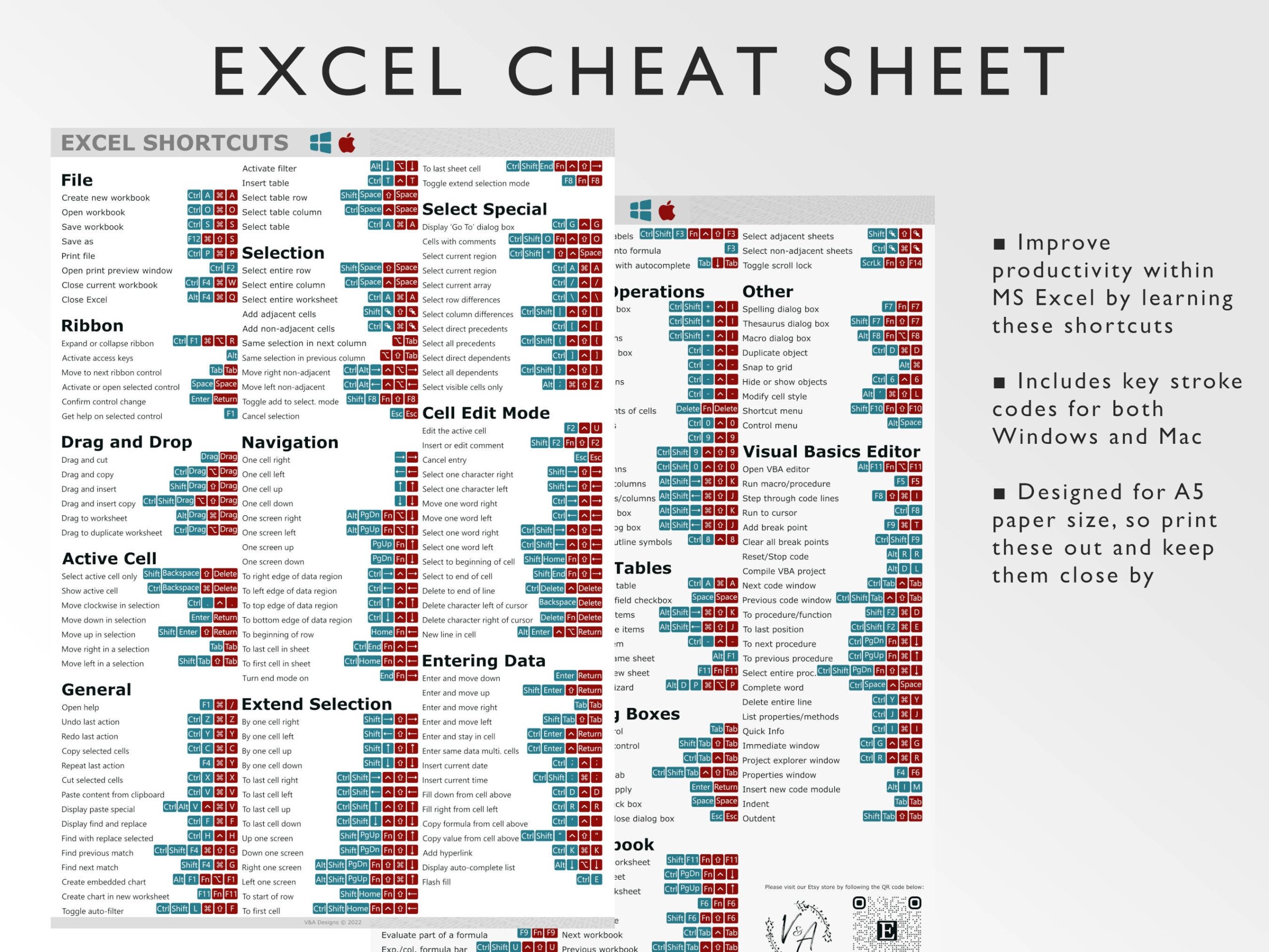 Excel Shortcuts Cheat Sheet Windows amp Mac PDF Etsy UK