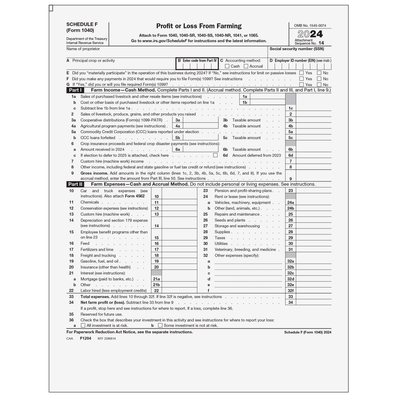 F1204 Form 1040 Schedule F Profit Or Loss From Farming Page 1 