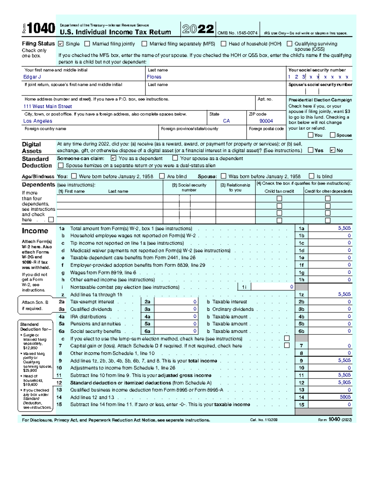 Form 1040 U S Individual Income Tax Return 2022 For Edgar Flores 