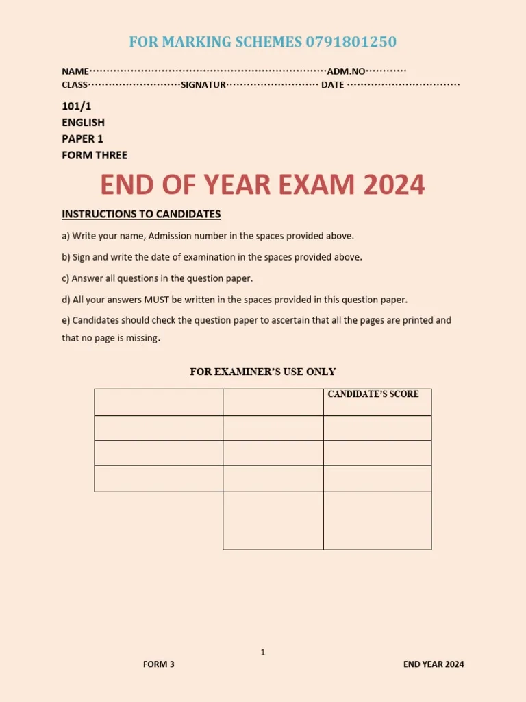 Form 3 2024 End Of Year Exams PDF