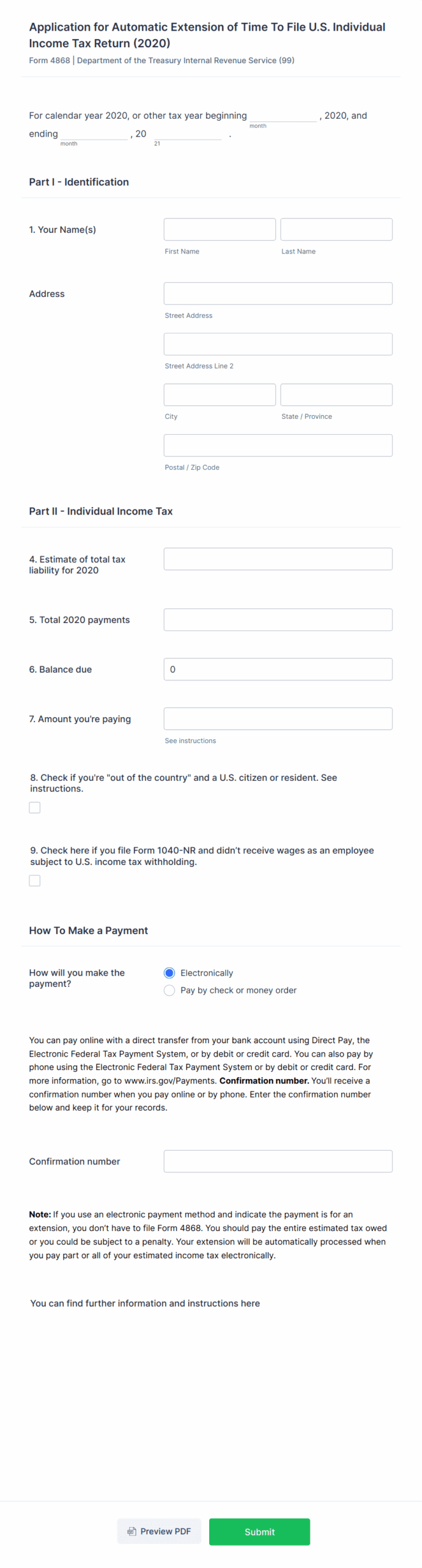 Printable Form 4868 Extension 2020