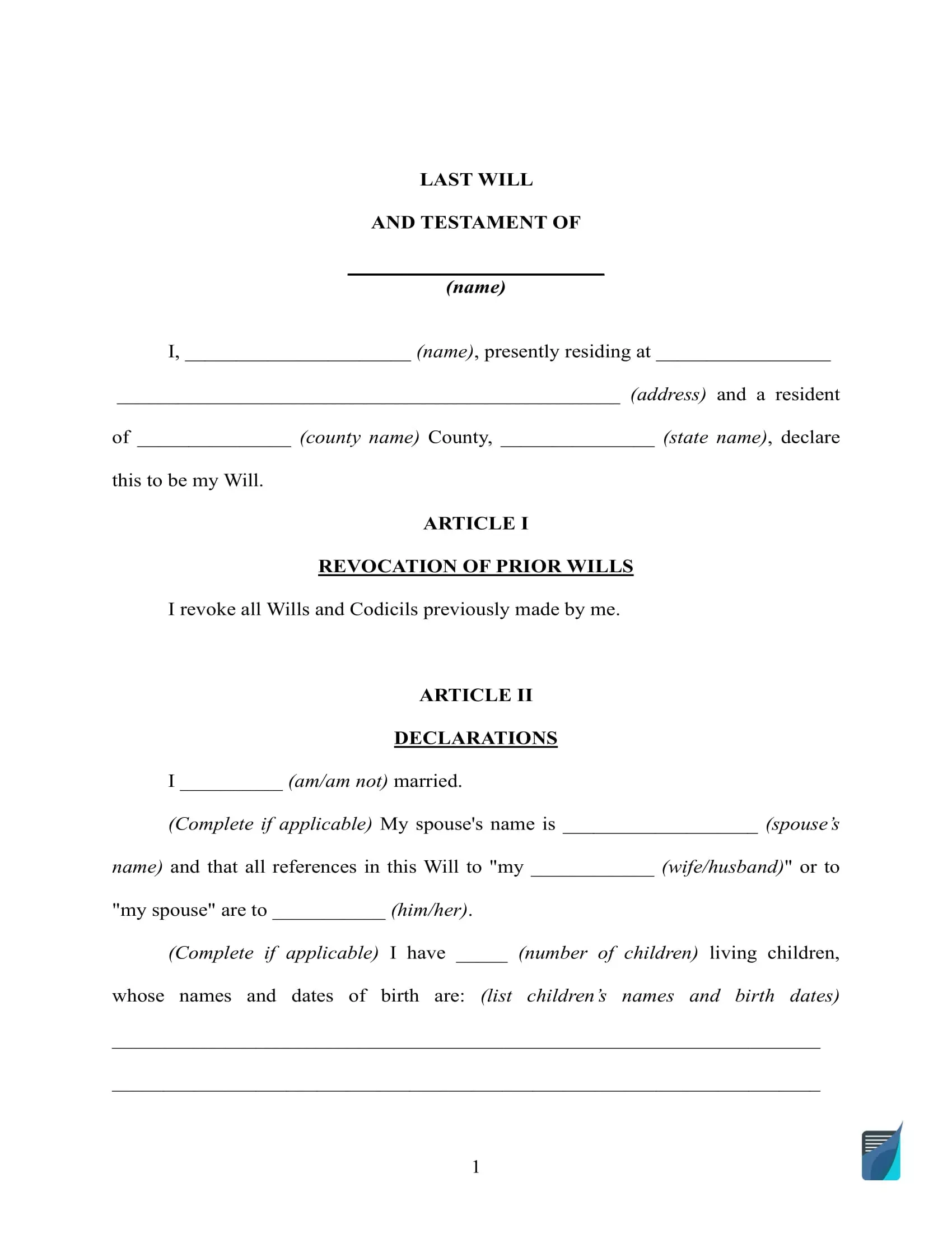 Last Will And Testament Forms Free Print Pdf