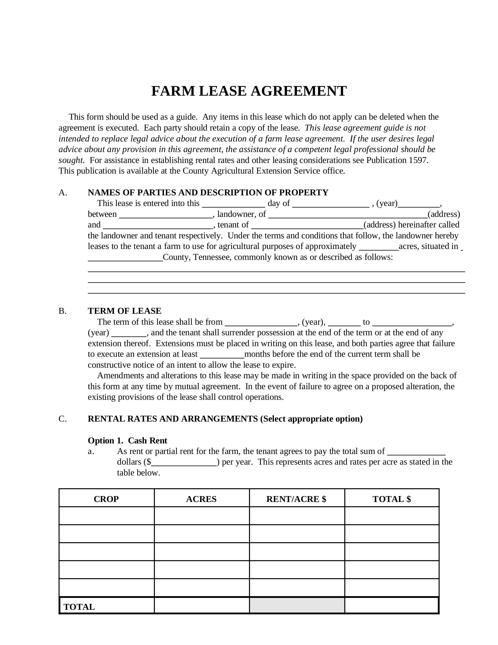 Free Tennessee Farm Lease Agreement Template PDF EForms