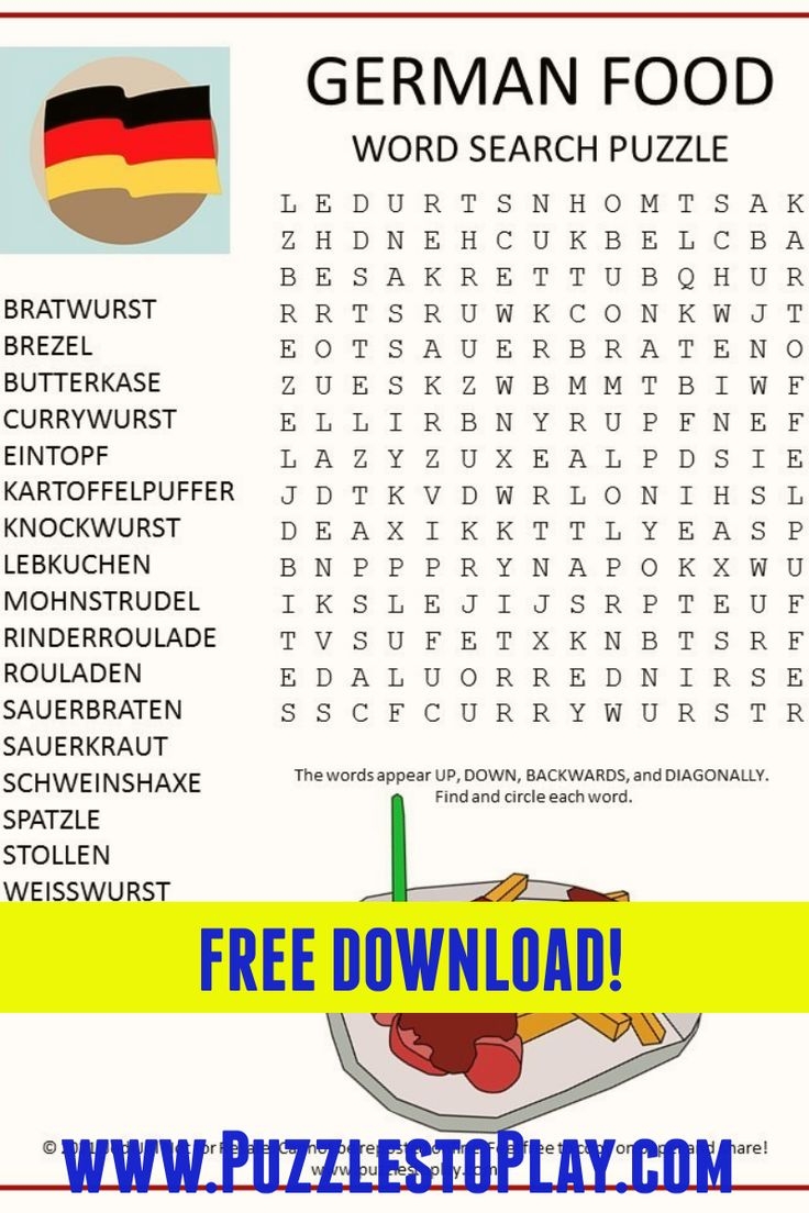 German Food Word Search Puzzle Puzzles To Play