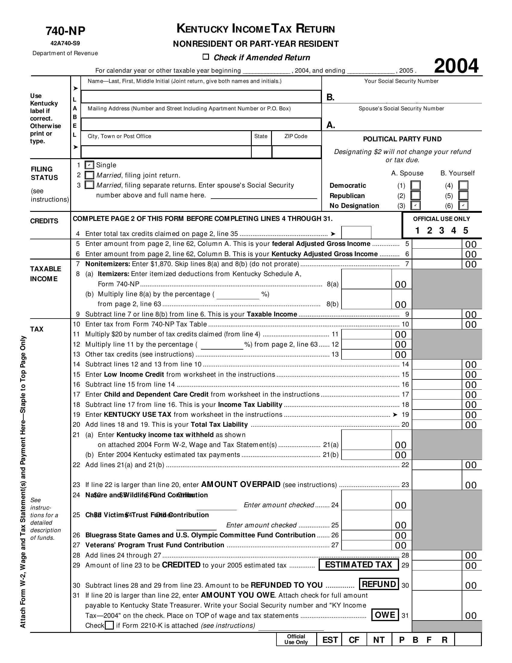 Kentucky Form 740 Np Fill Out Printable PDF Forms Online