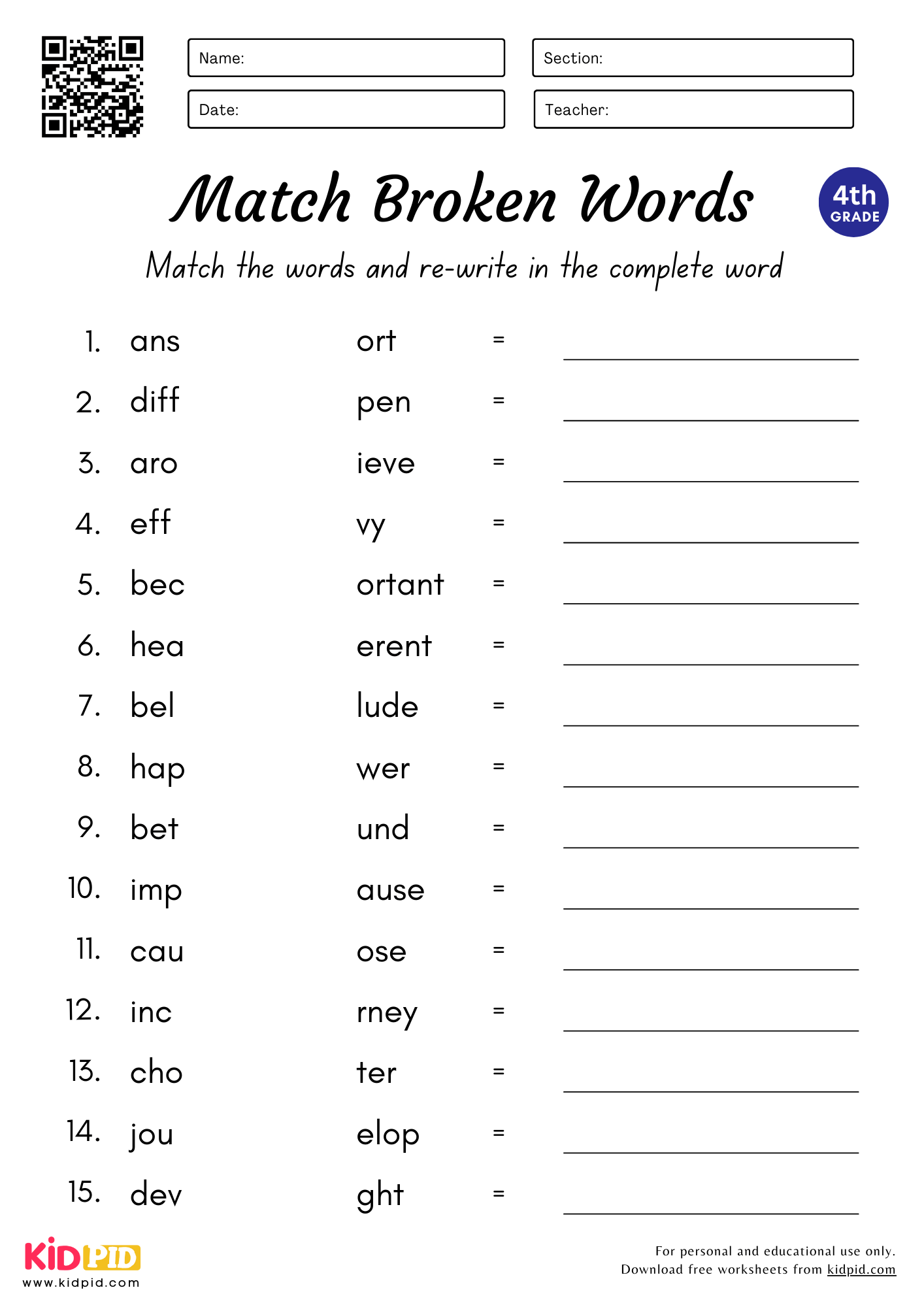 Match amp Complete The Words Worksheet For Grade 4 Kidpid
