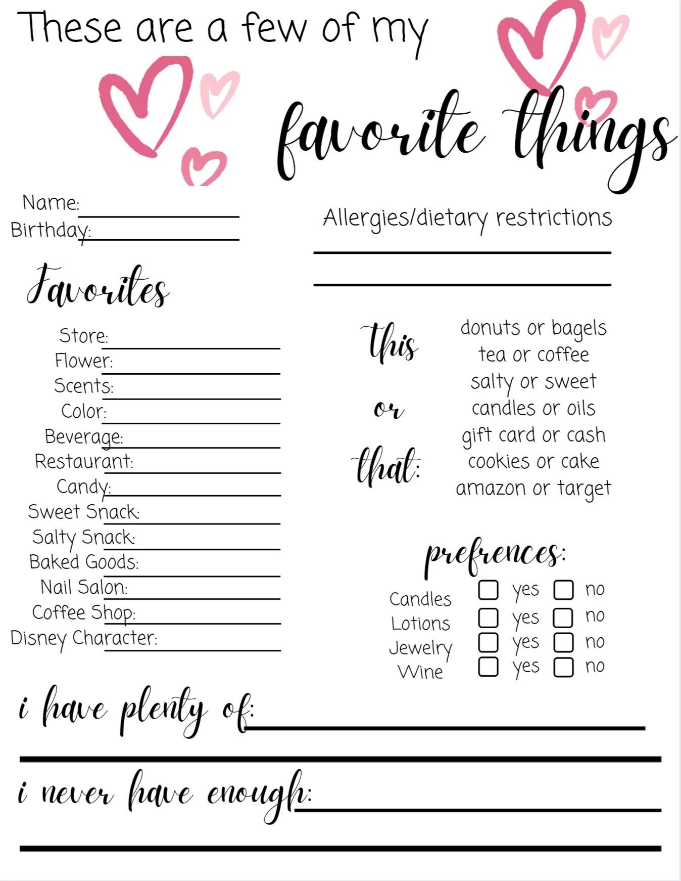 My Favorite Things List Free Printable