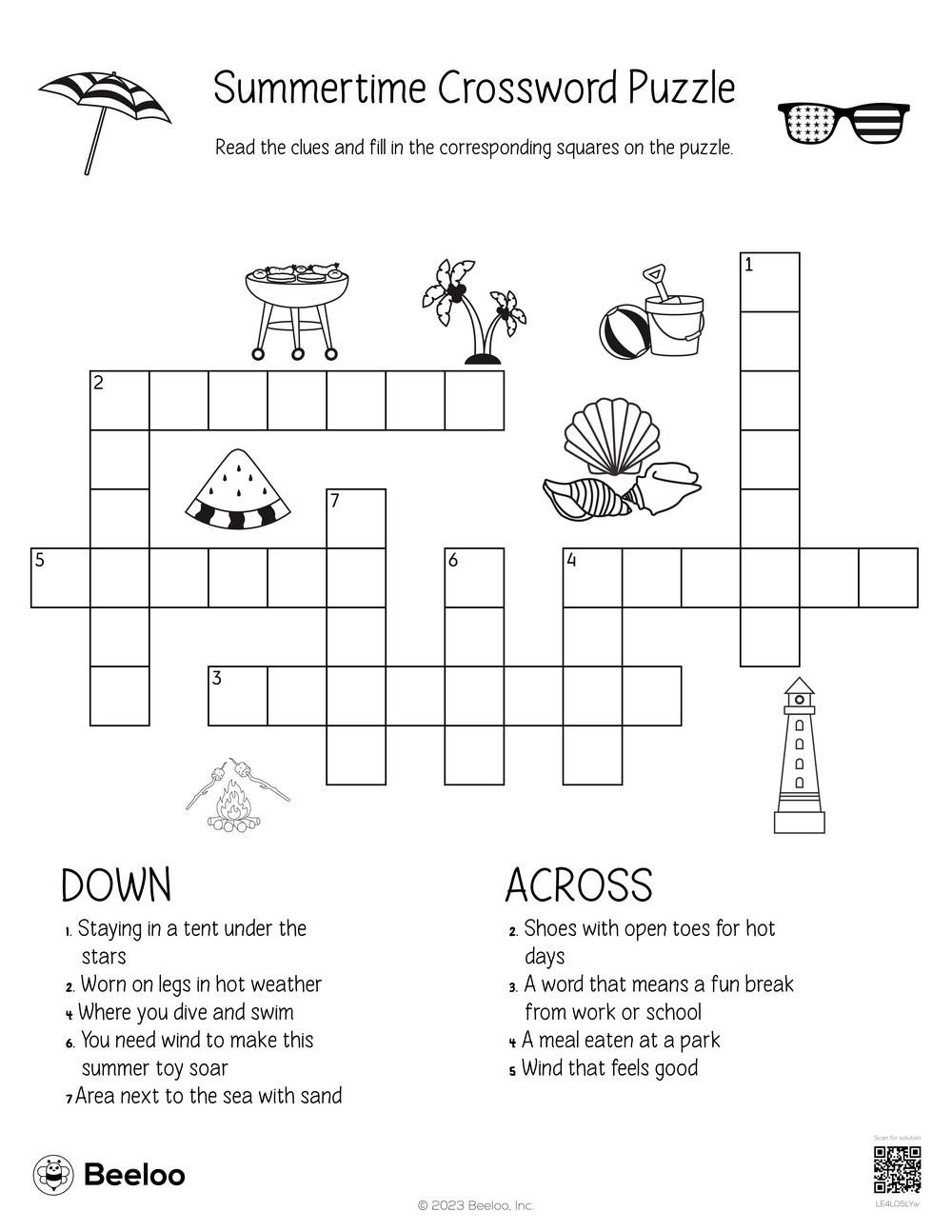 Summertime Crossword Puzzle Beeloo Printable Crafts And 