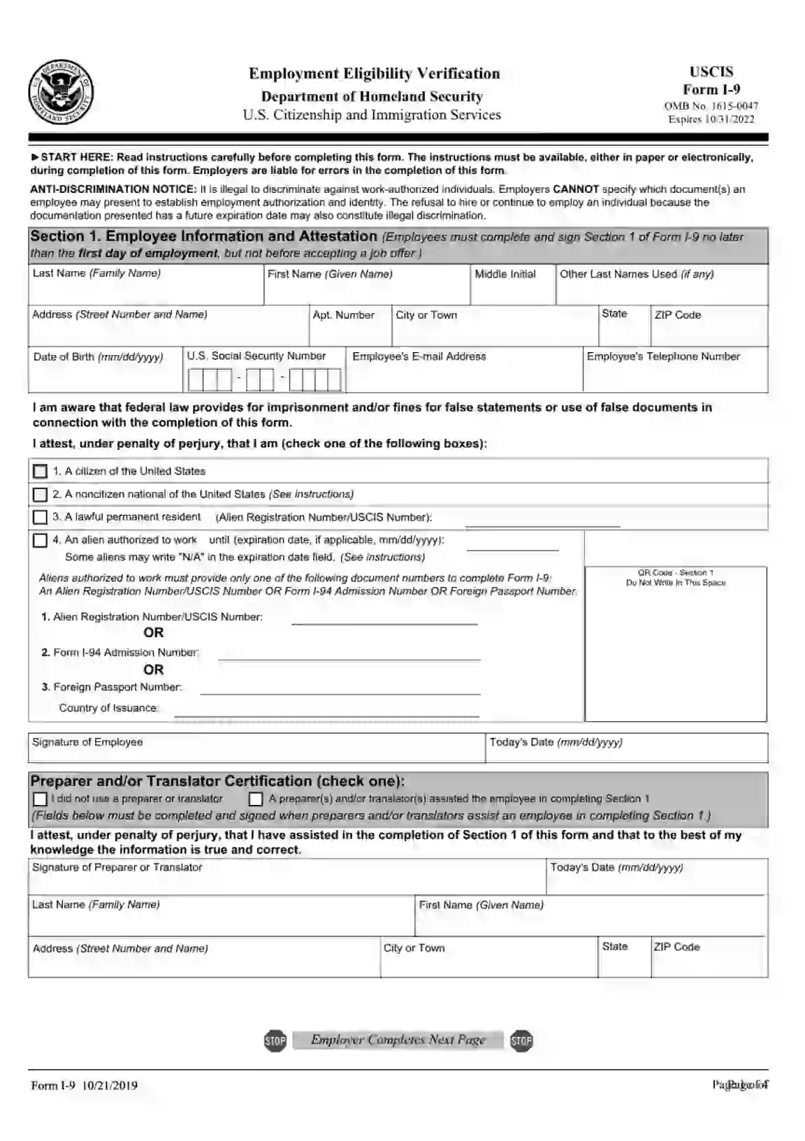 USCIS Form I 9 Fill Out Printable PDF Forms Online