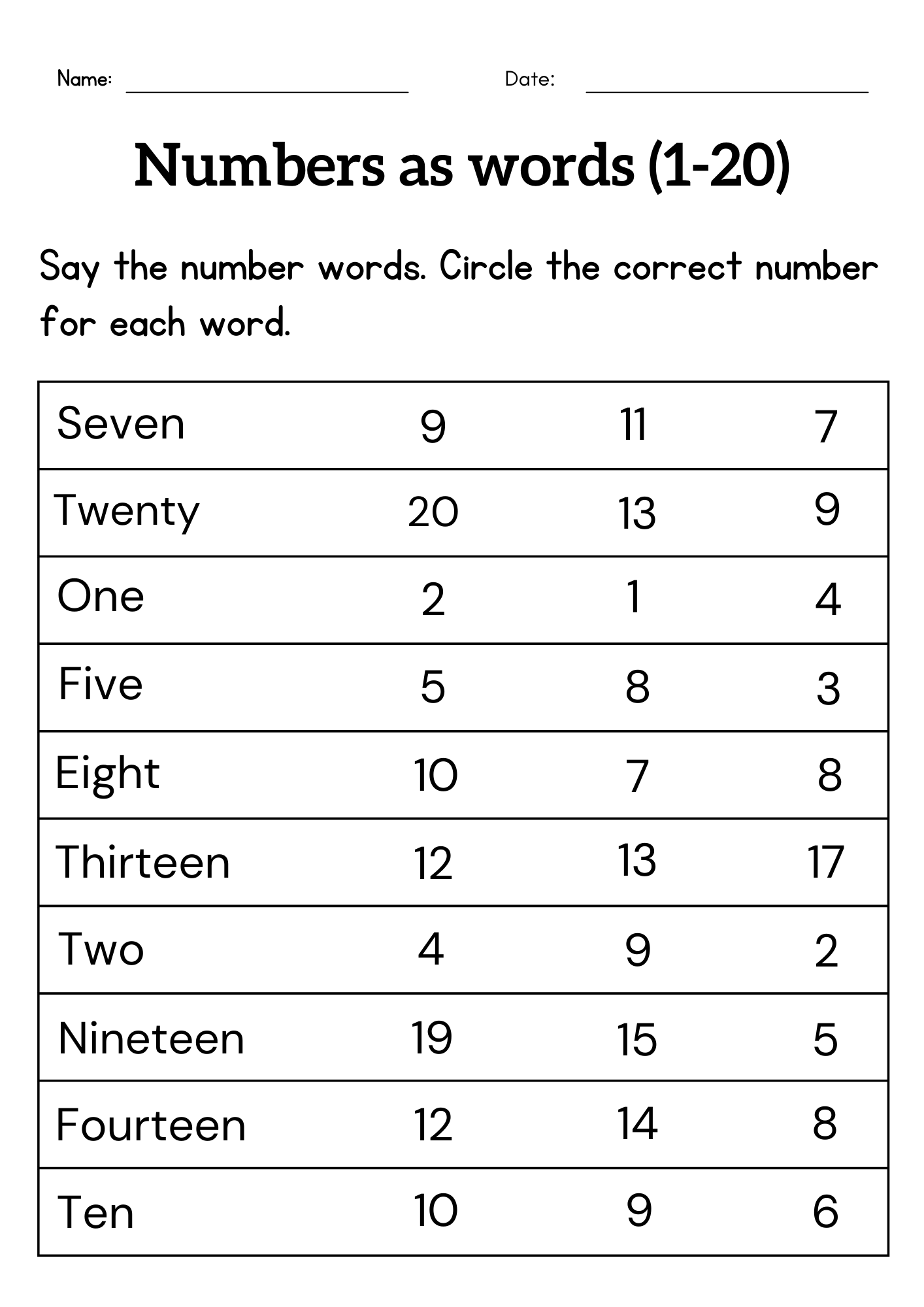 Numbers 1-20 Printable Worksheets