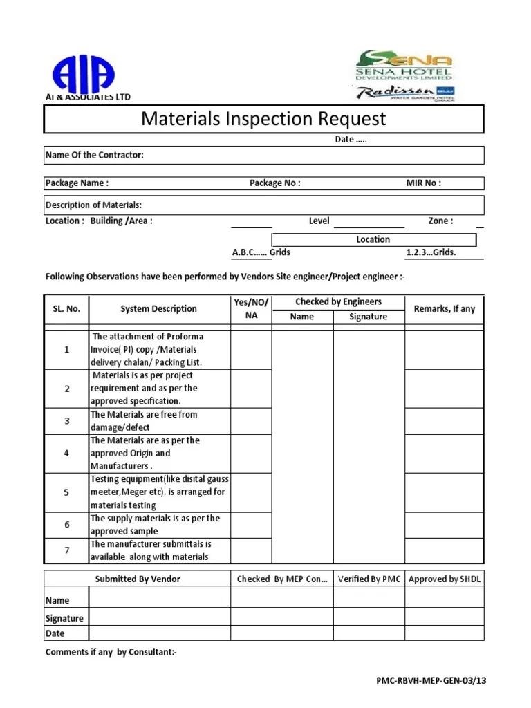 1 material Inspection Request MIR PDF Technology amp Engineering