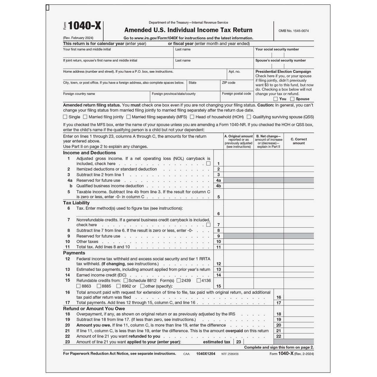 1040X1204 Form 1040 X Amended U S Individual Income Tax Return Page 1 amp 2 