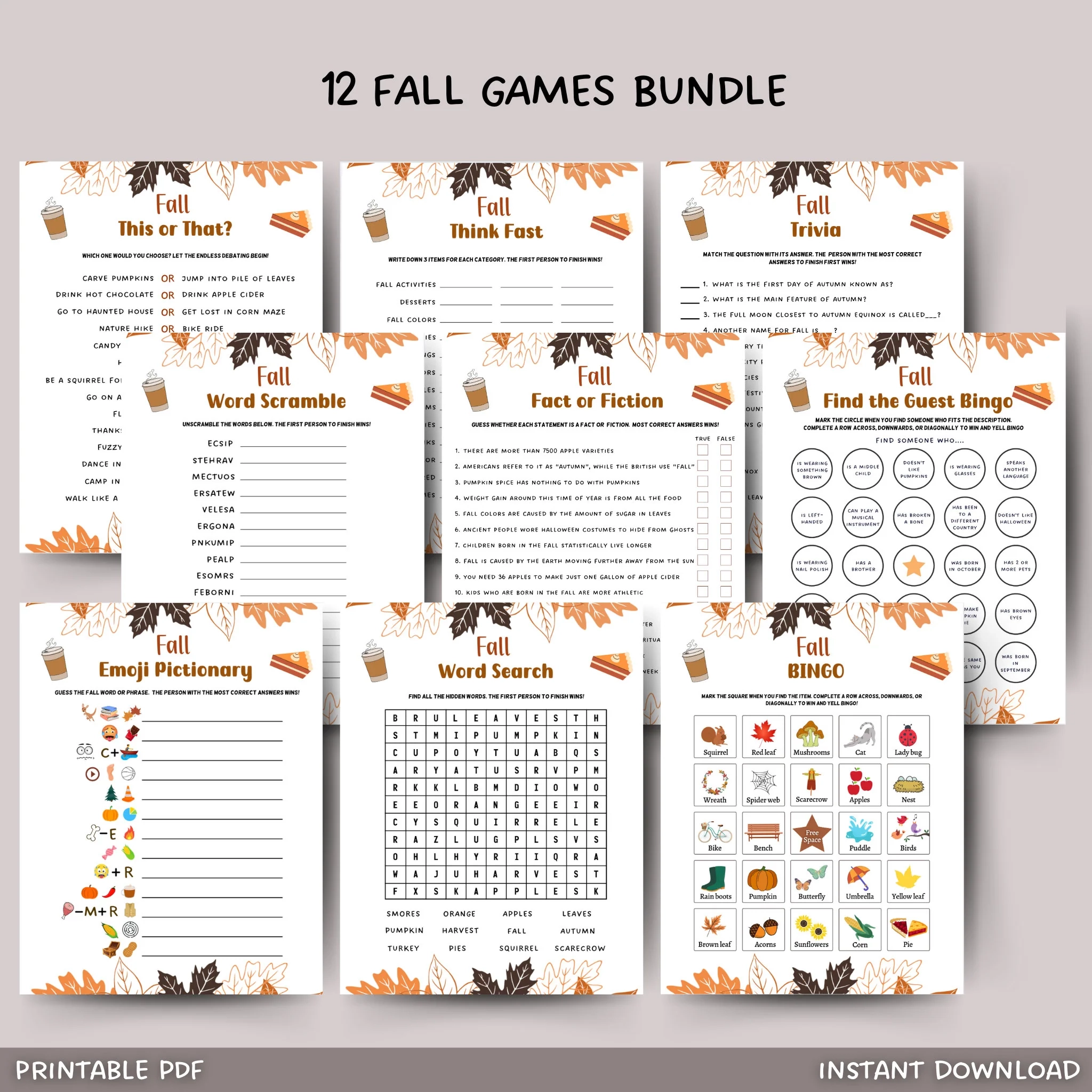 12 Printable Fall Games Fun Autumn Thanksgiving Activity Adults 