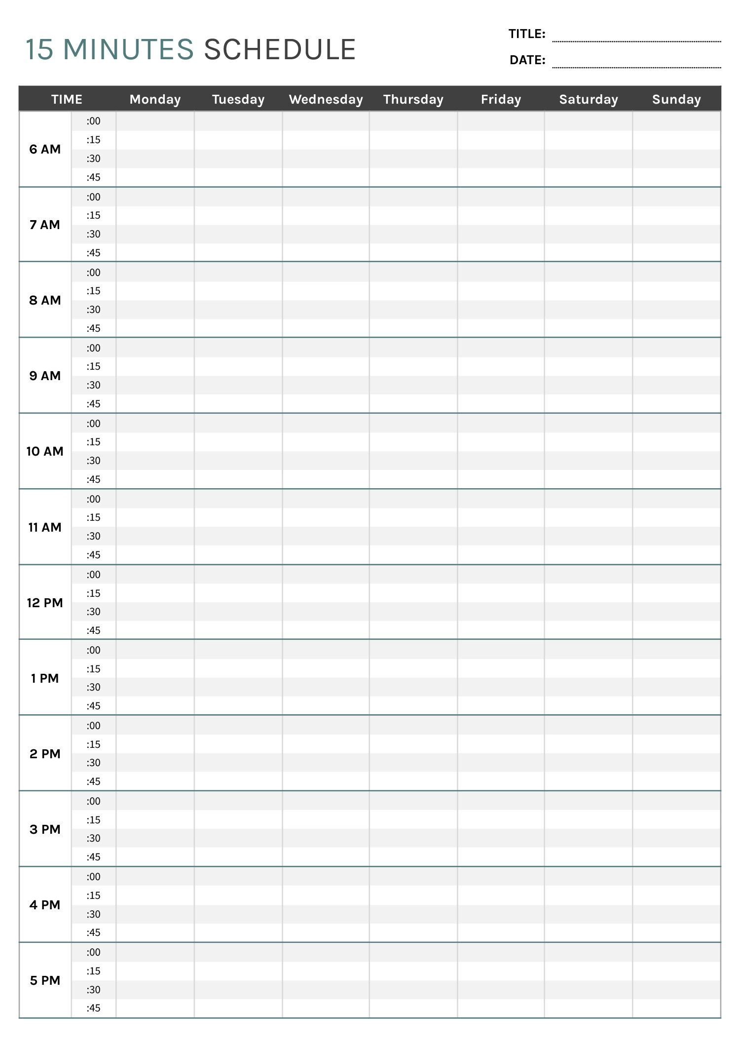 Printable 15 Minute Schedule Template