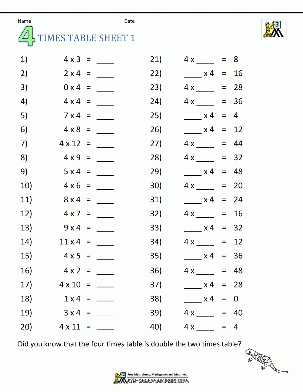 Free Printable Worksheets Times Tables