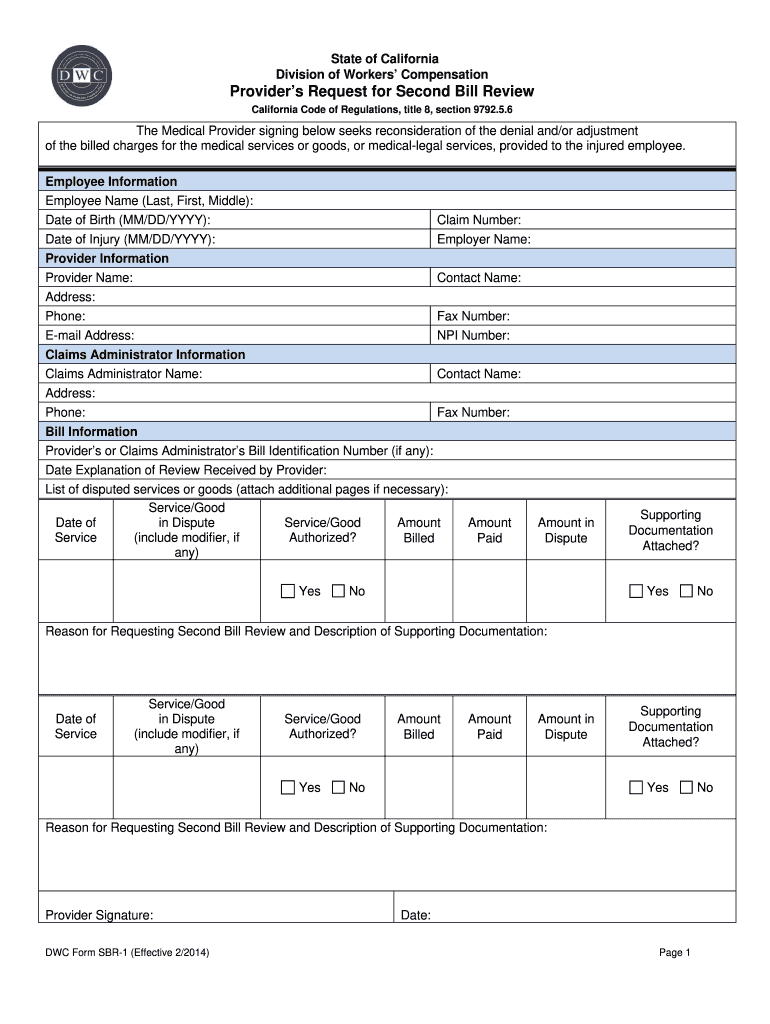 2014 2025 Form CA DWC SBR 1 Fill Online Printable Fillable 