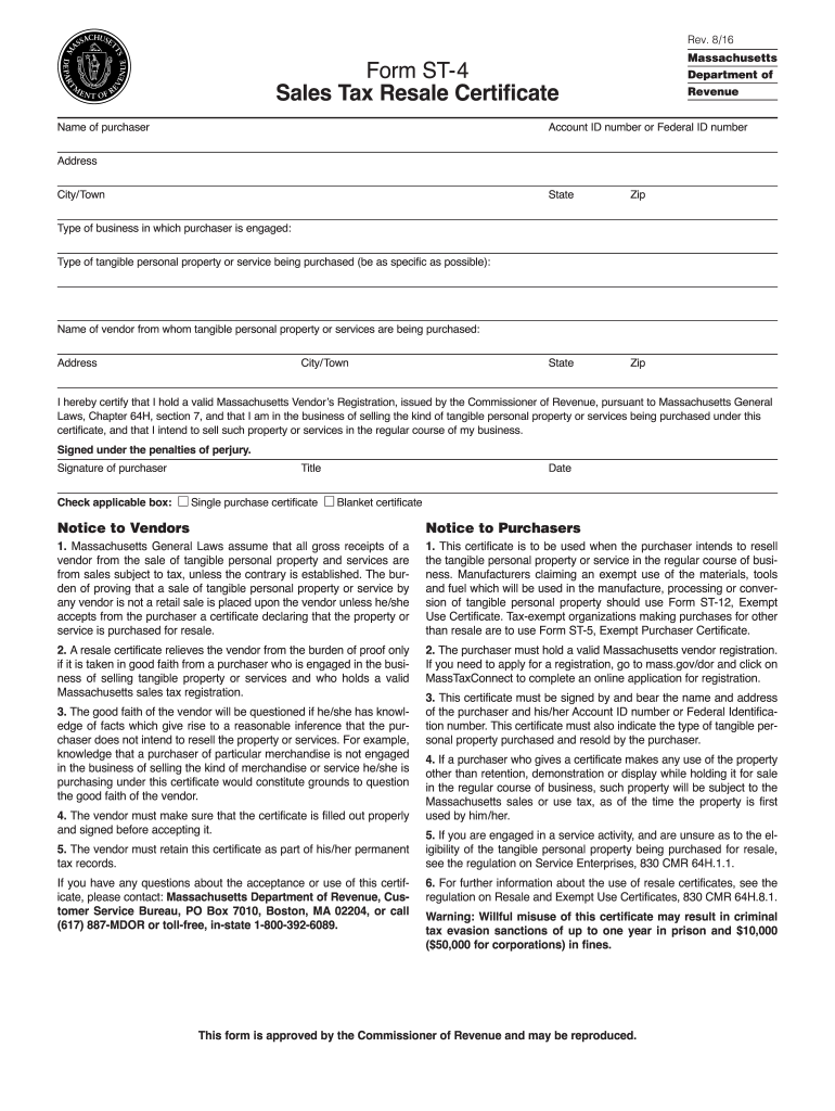 2016 2025 Form MA DoR ST 4 Fill Online Printable Fillable Blank 