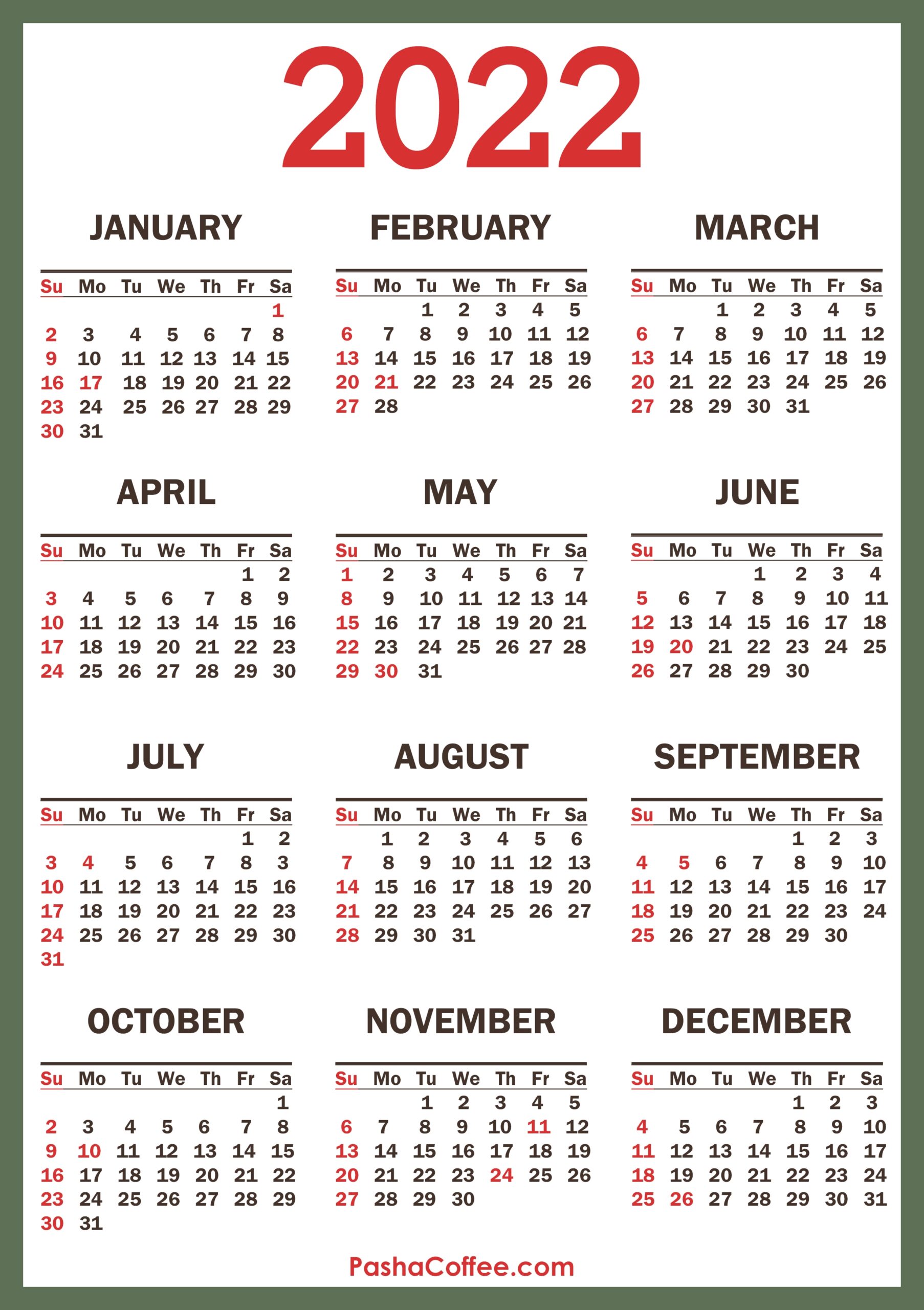 2022 Calendar With Holidays Printable Free Vertical Green 