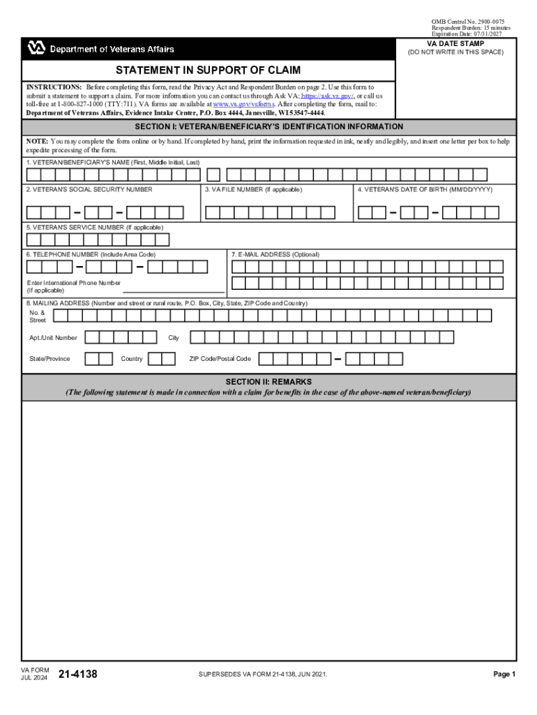 2024 Form VA 21 4138 Fill Online Printable Fillable Blank 