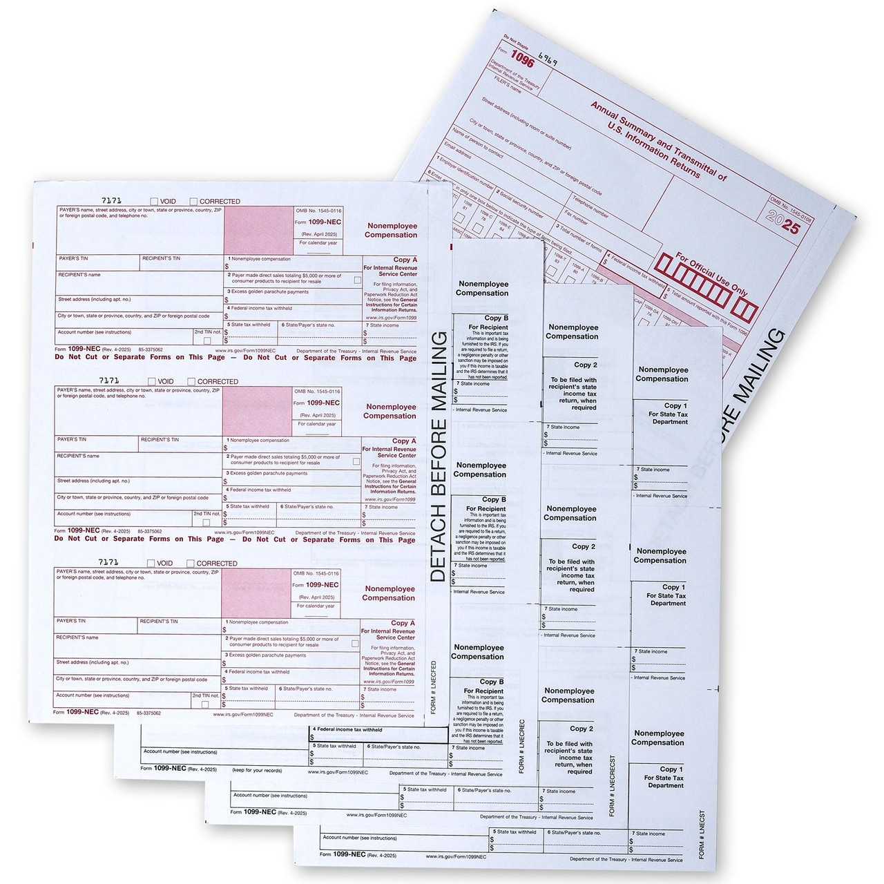2025 Adams 22993 NEC 1099 NEC 4 Part Tax Forms Plus 1096