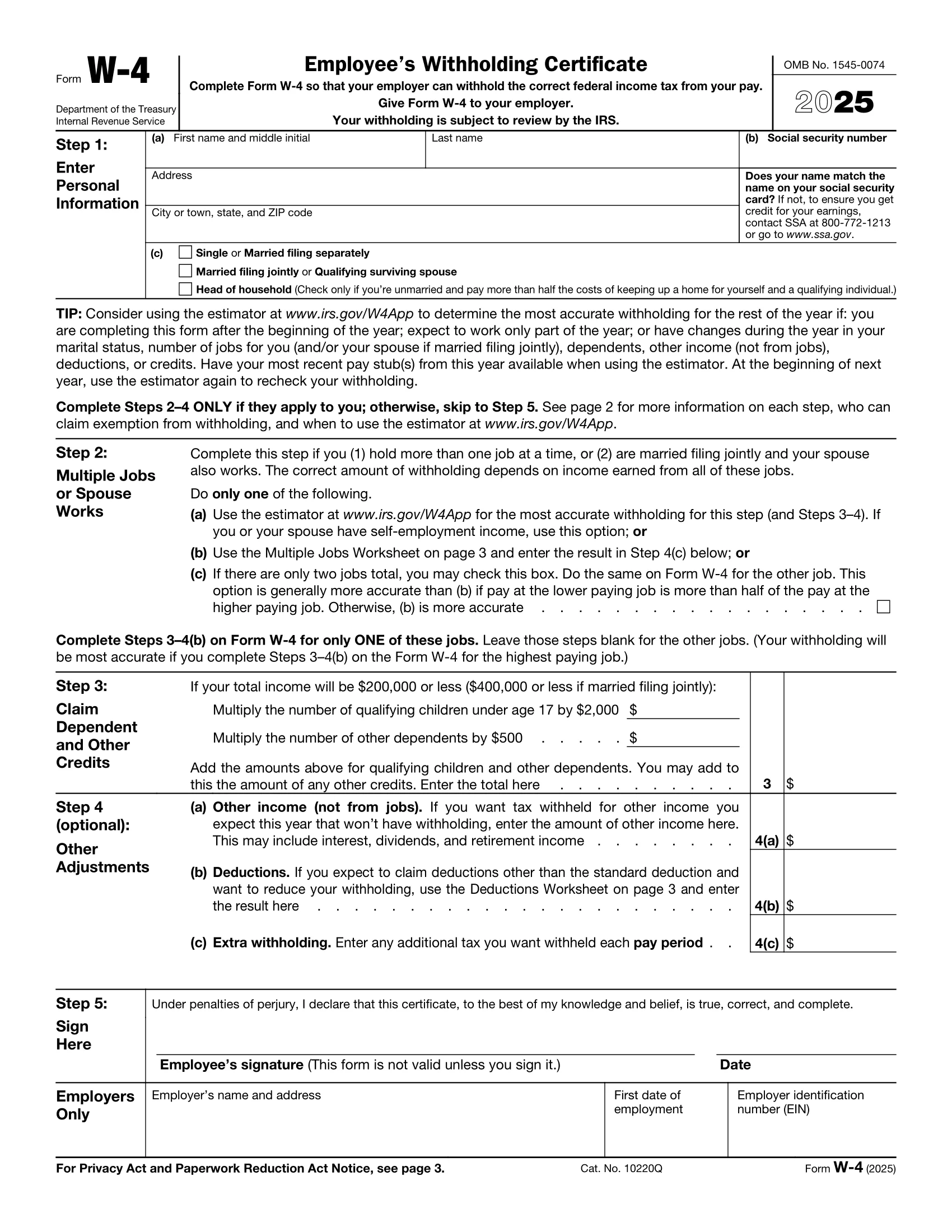 2025 IRS Form W 4 Fill Out amp Print Free PDF
