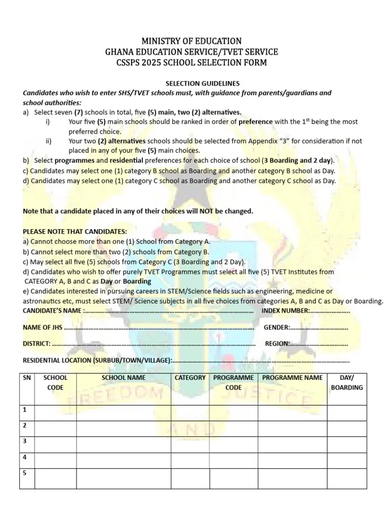 2025 SCH Selection Form New1 PDF