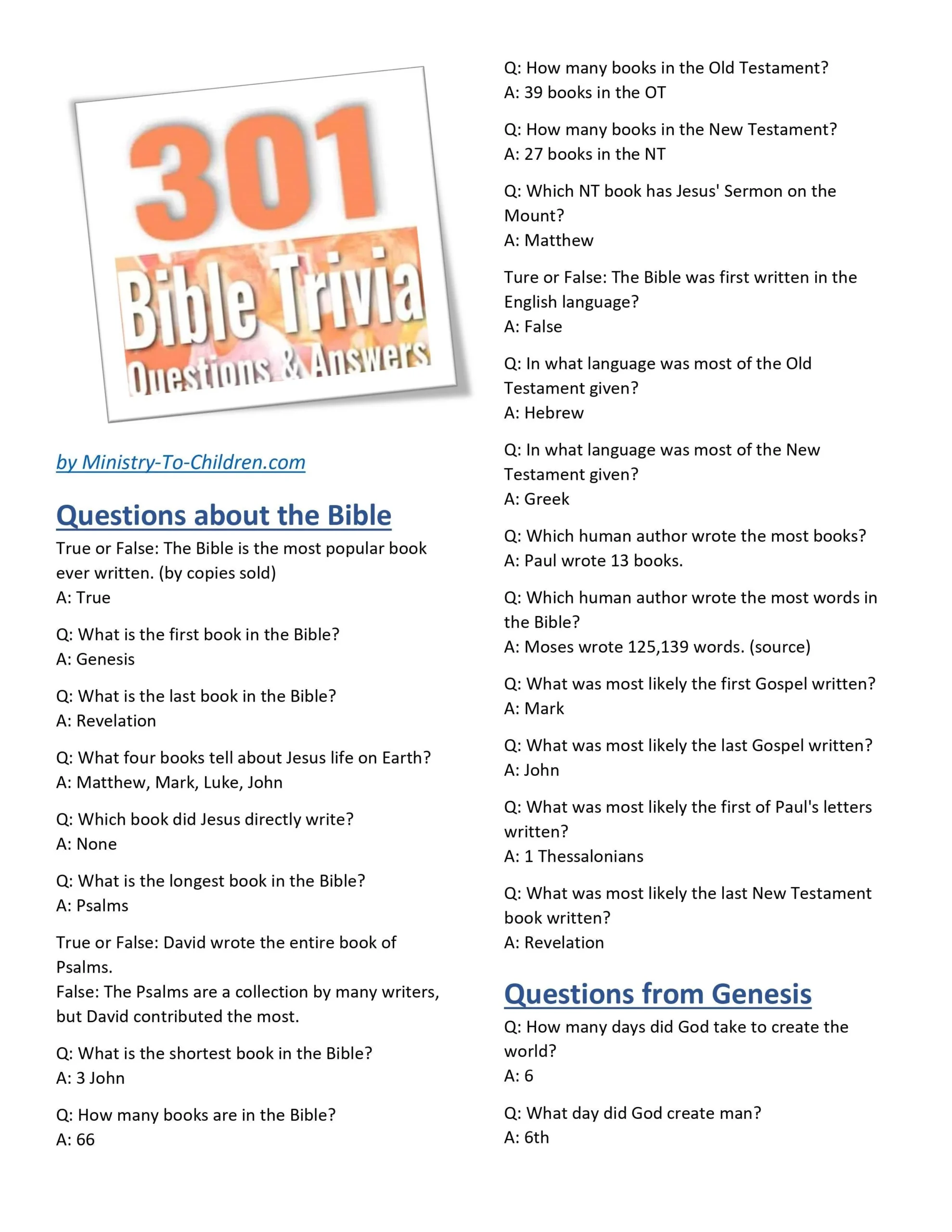 Free Printable Bible Games With Answers