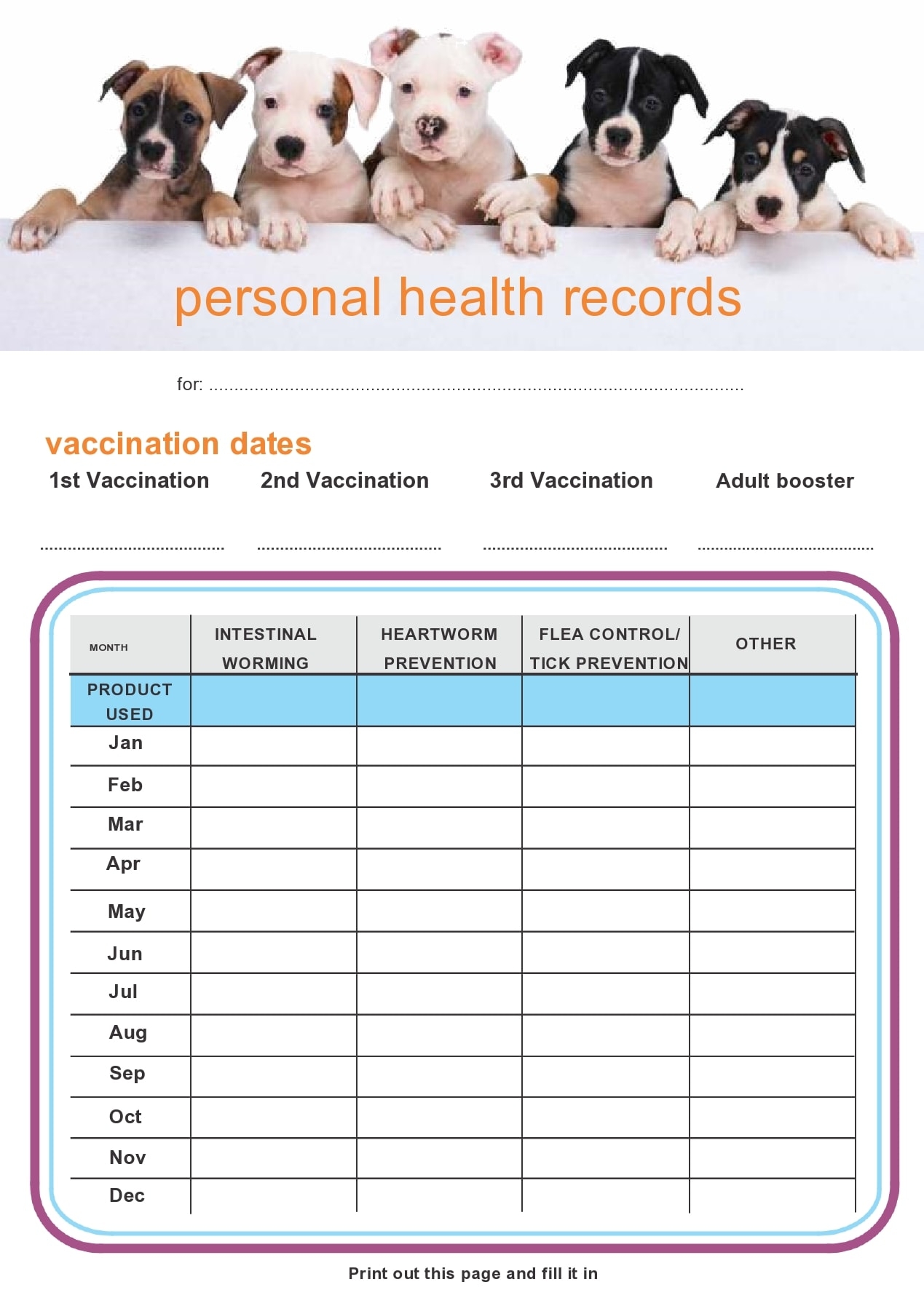 Printable Puppy Shot Record Template