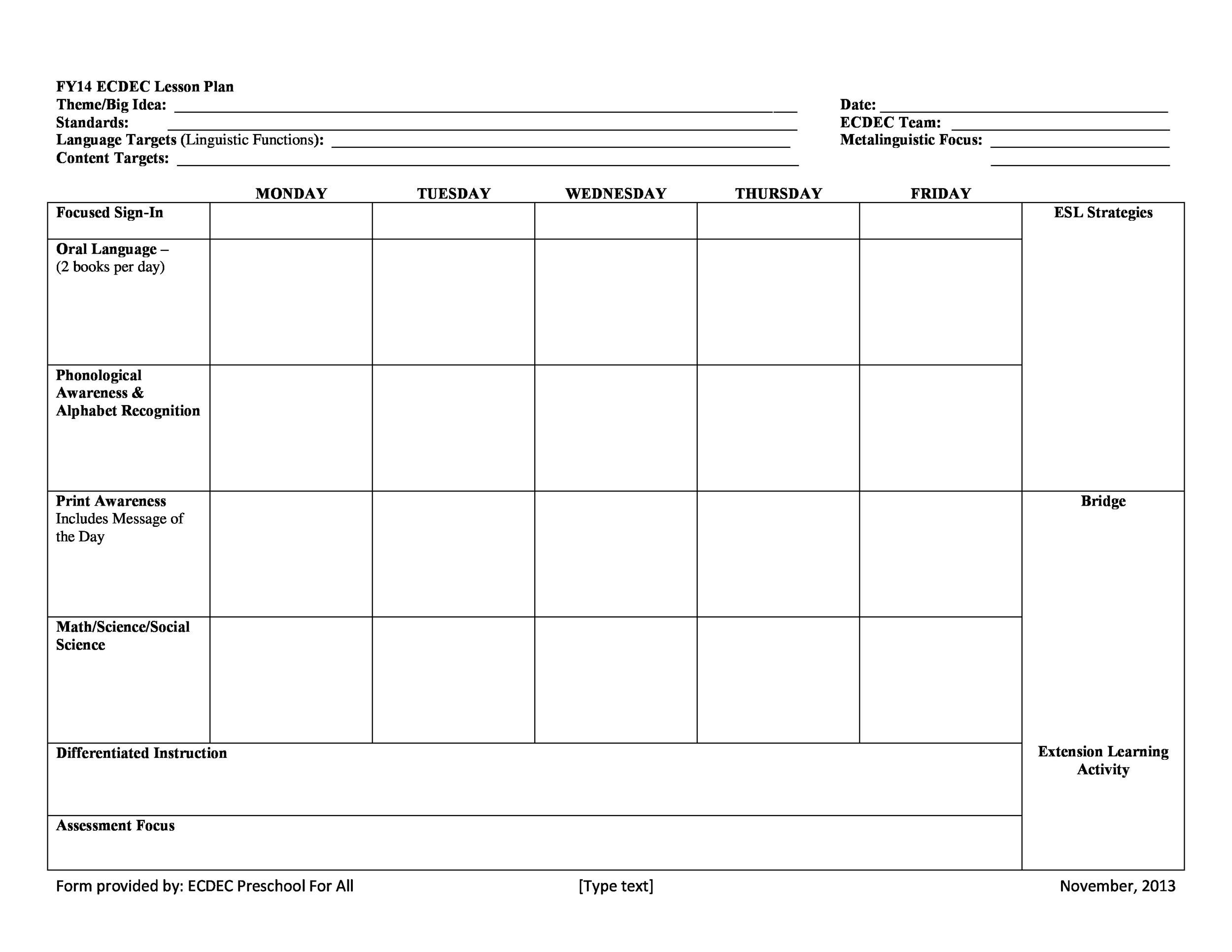 Free Printable Lesson Plan Templates Preschool