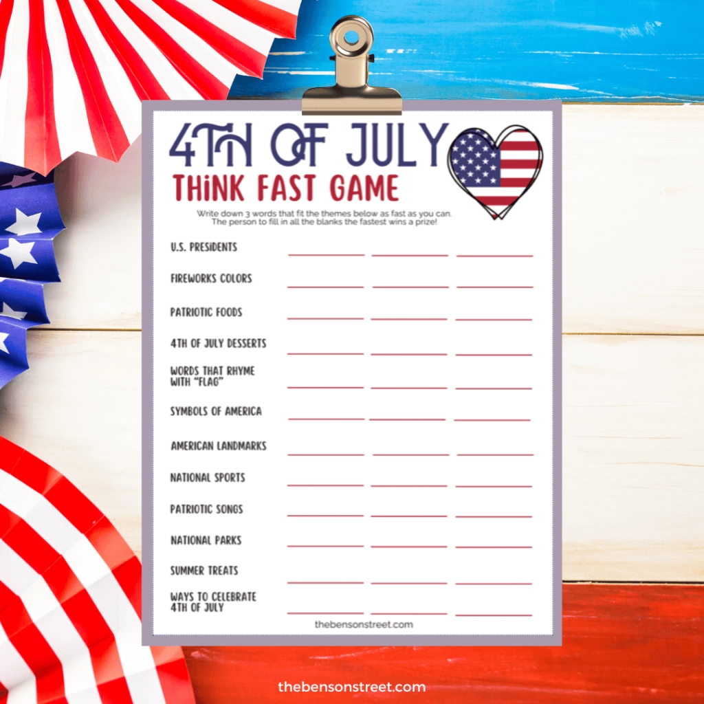 4th Of July Think Fast Game Free Printable The Benson Street