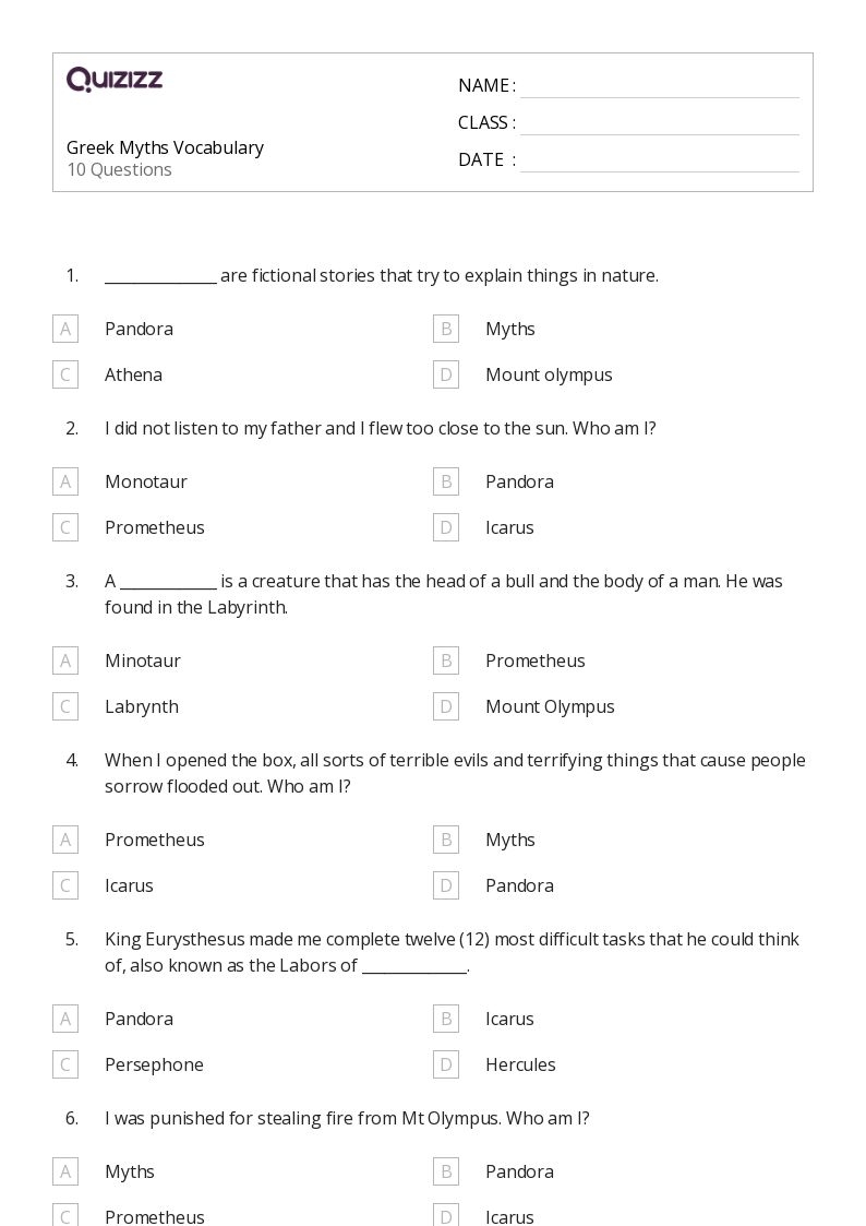 50 Myths Worksheets For 4th Grade On Quizizz Free amp Printable 