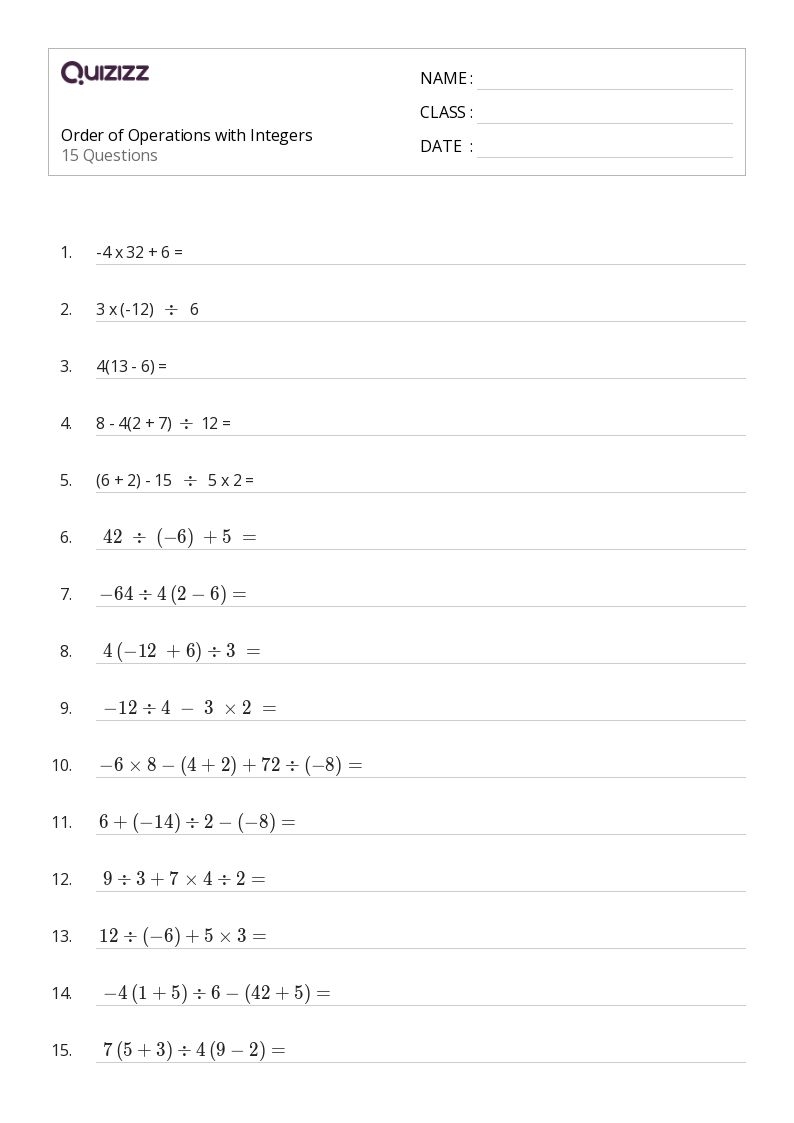 7th Grade Math Worksheets Printable Integers