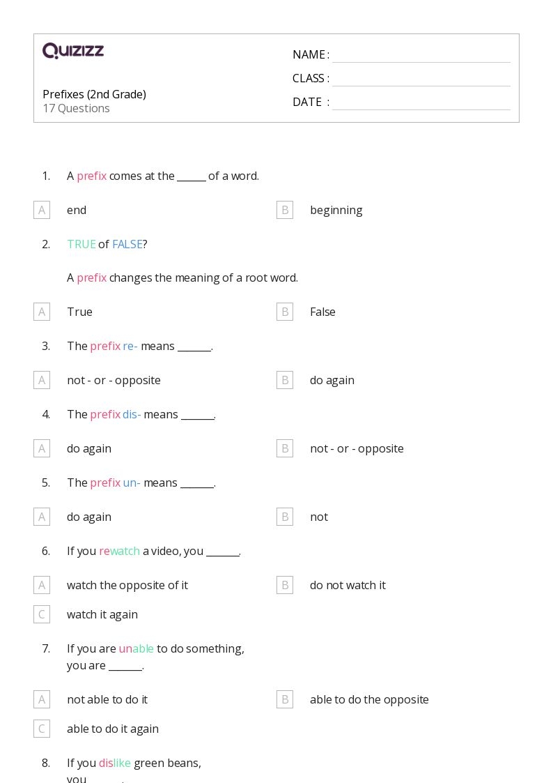 50 Prefixes Worksheets For 2nd Grade On Quizizz Free amp Printable