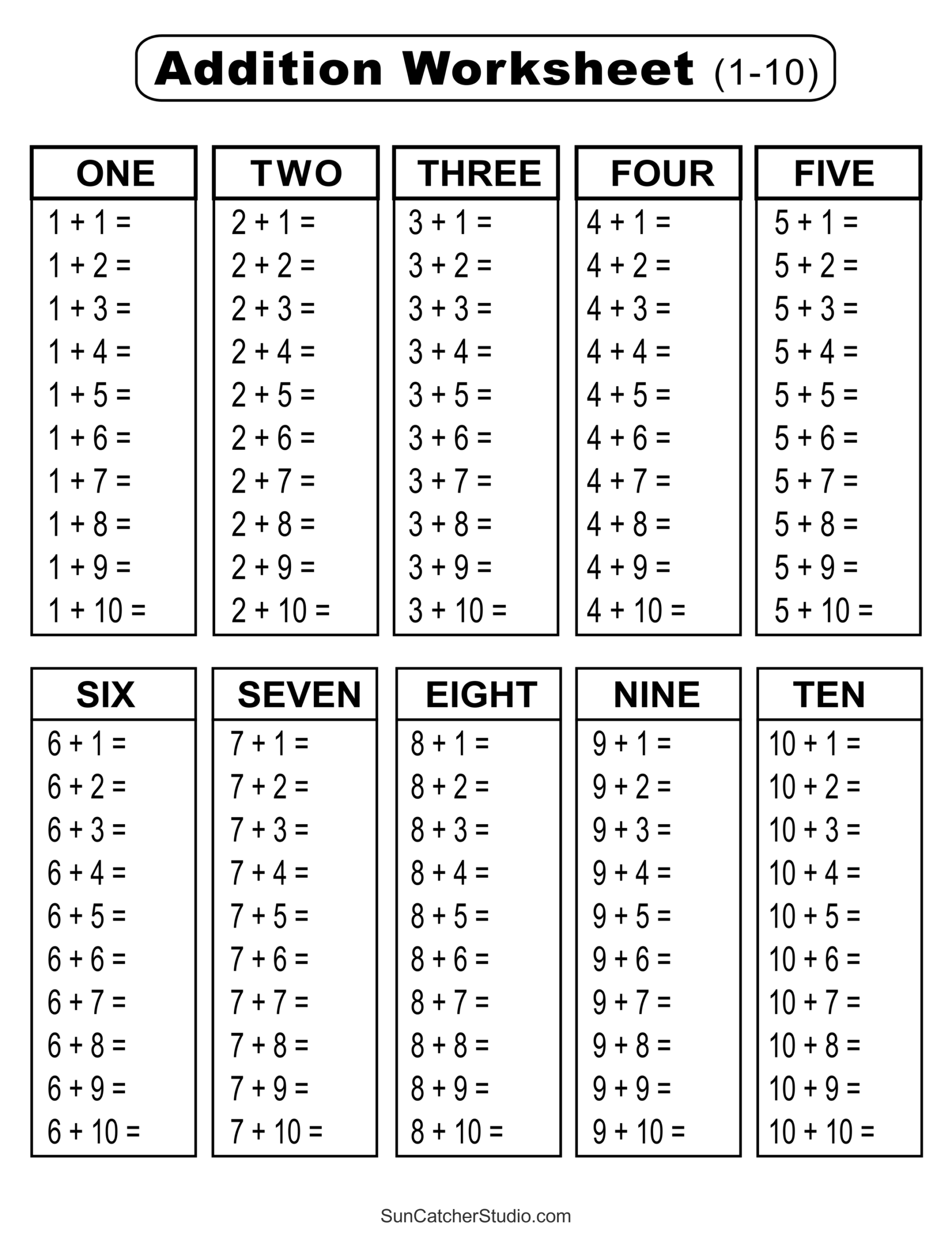 Free Printable Addition Worksheets Up To 10