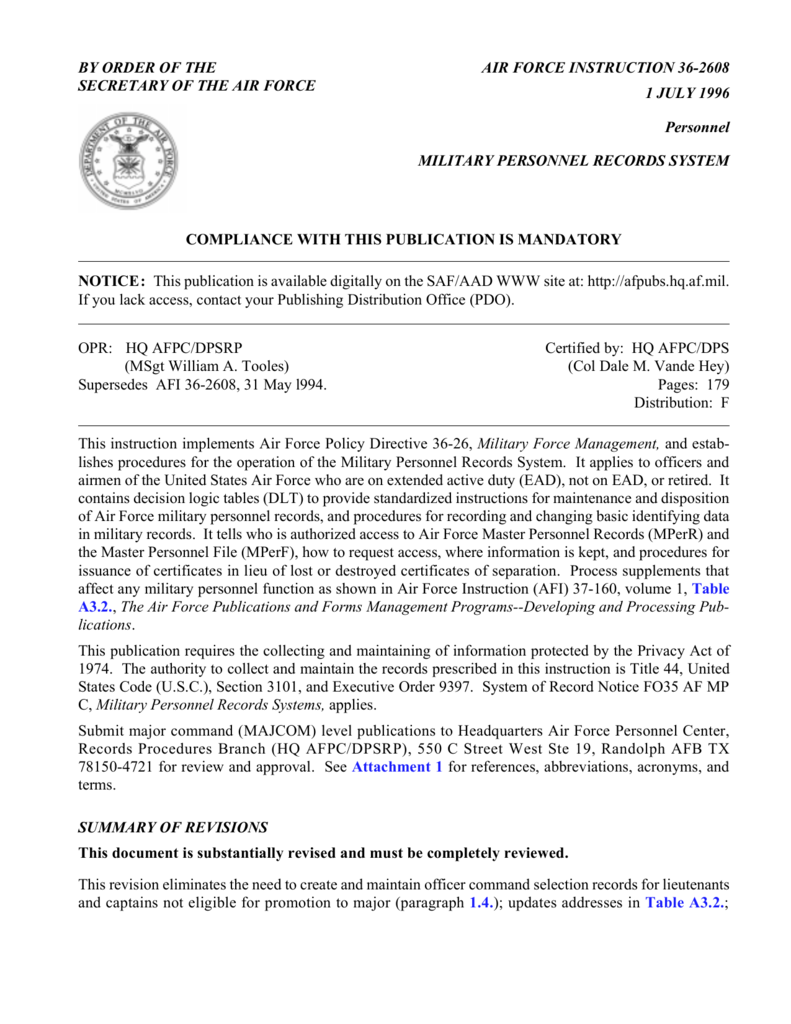 Air Force Personnel Records System AFI 36 2608