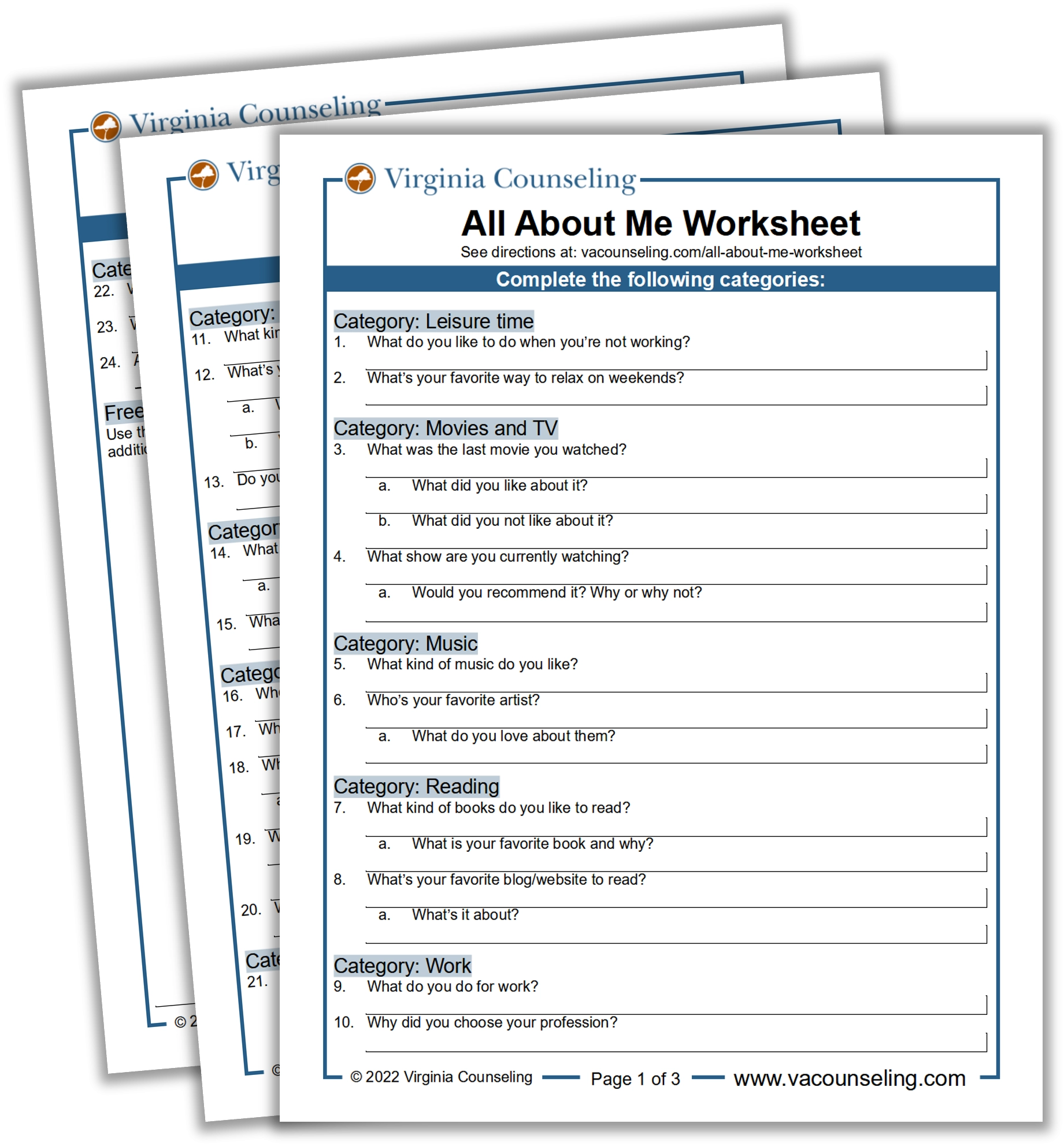 All About Me Worksheet For Adults 35 Questions Virginia 