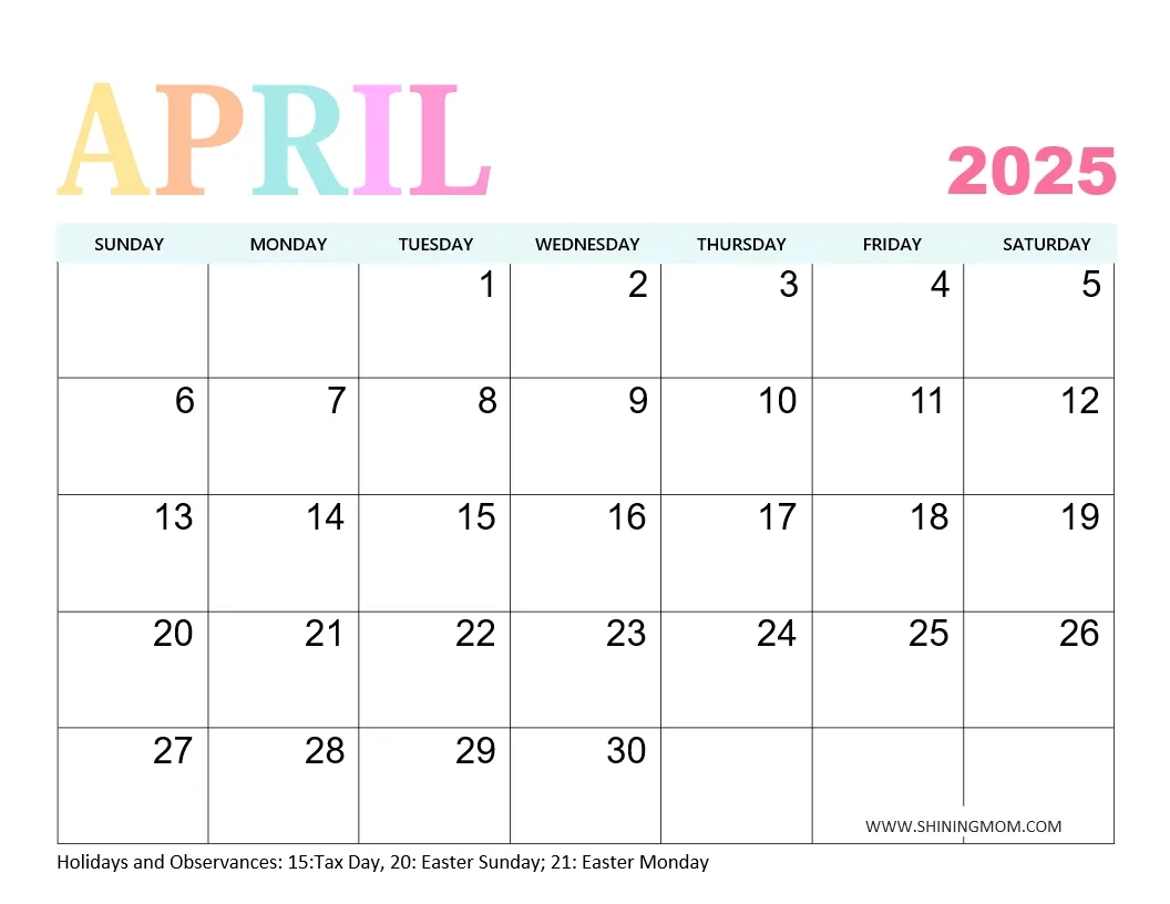 April Calendar Blank Printable