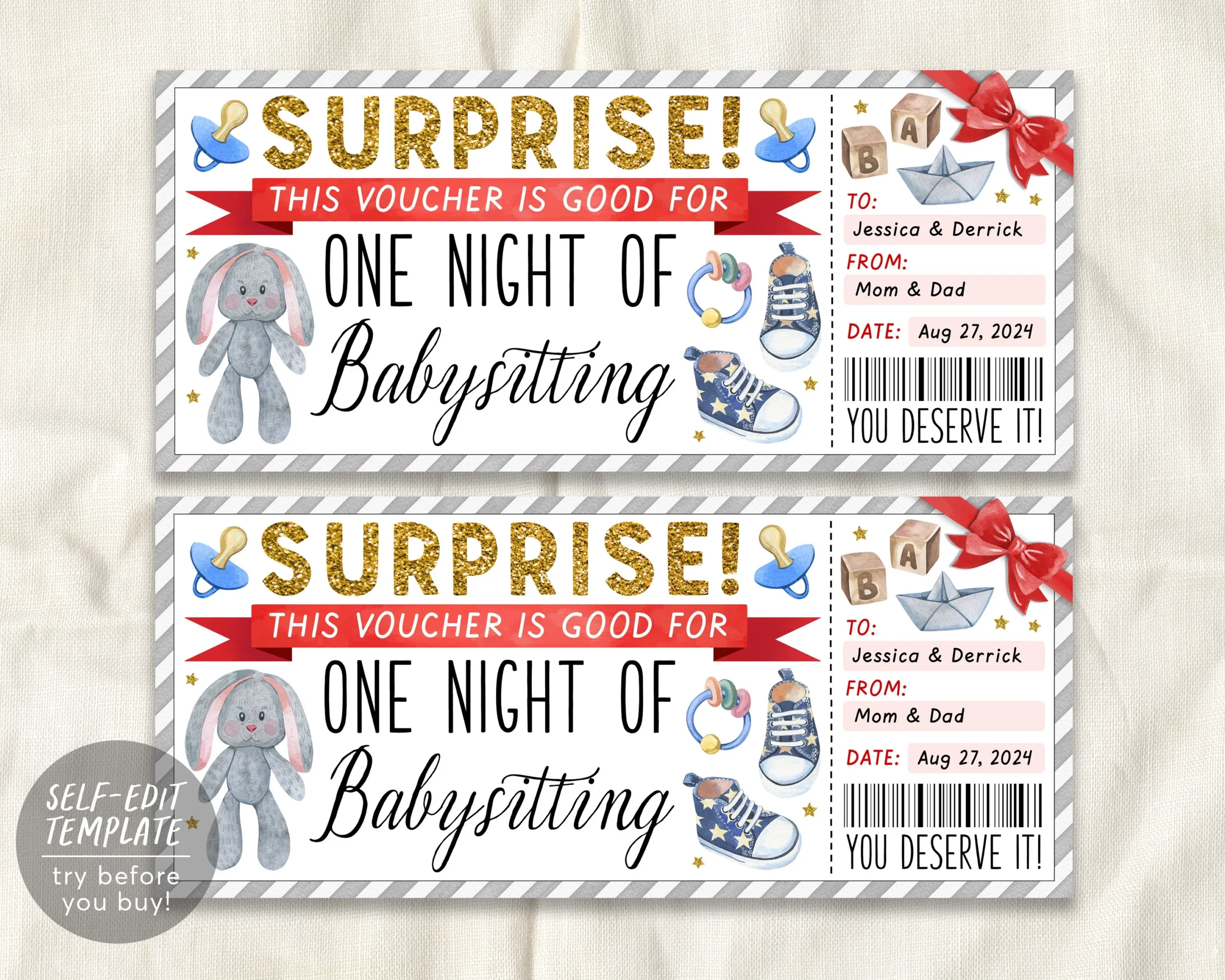 Babysitting Gift Coupon Editable Template Surprise Babysitter Gift Ticket Voucher Custom New Mom Certificate Gift Card Kid Free Printable
