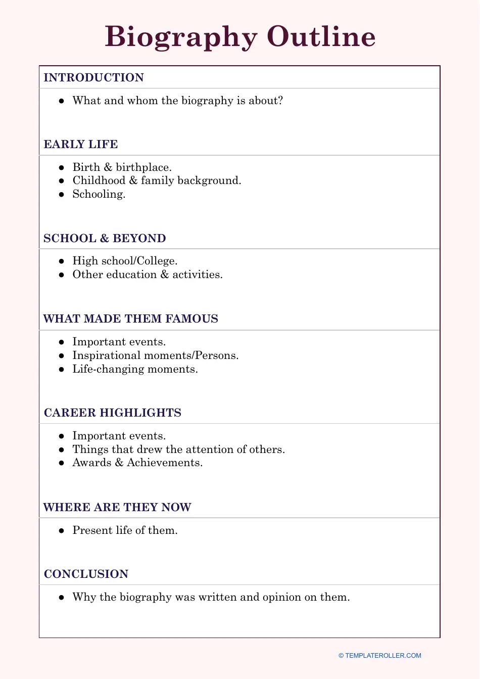 Biography Outline Template Download Printable PDF Templateroller
