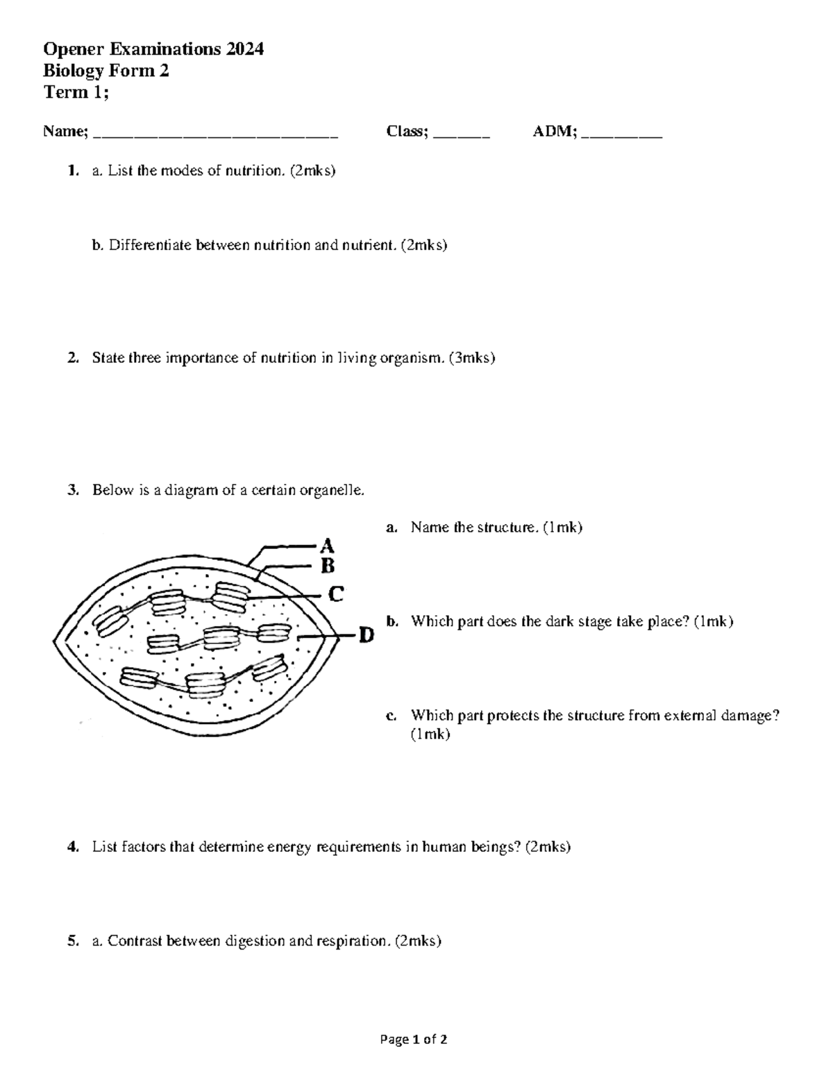 Biology Form 2 Term 1 Opener Examinations 2024 Notes Studocu