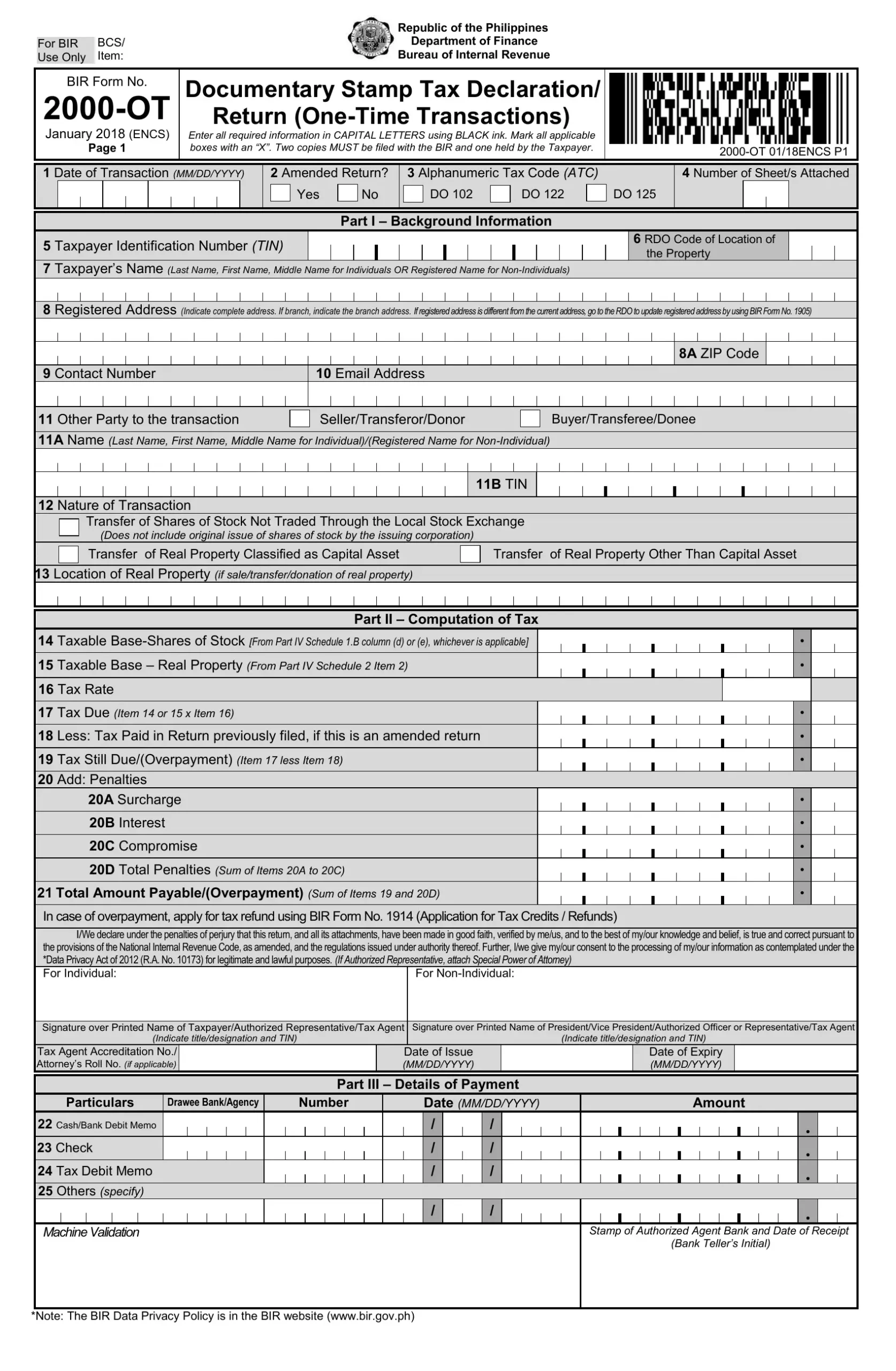 Bir Form 2000Ot Fill Out Printable PDF Forms Online