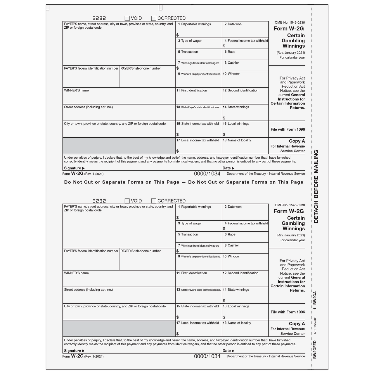 BW2GFED05 Form W 2G Certain Gambling Winnings Federal IRS Copy 