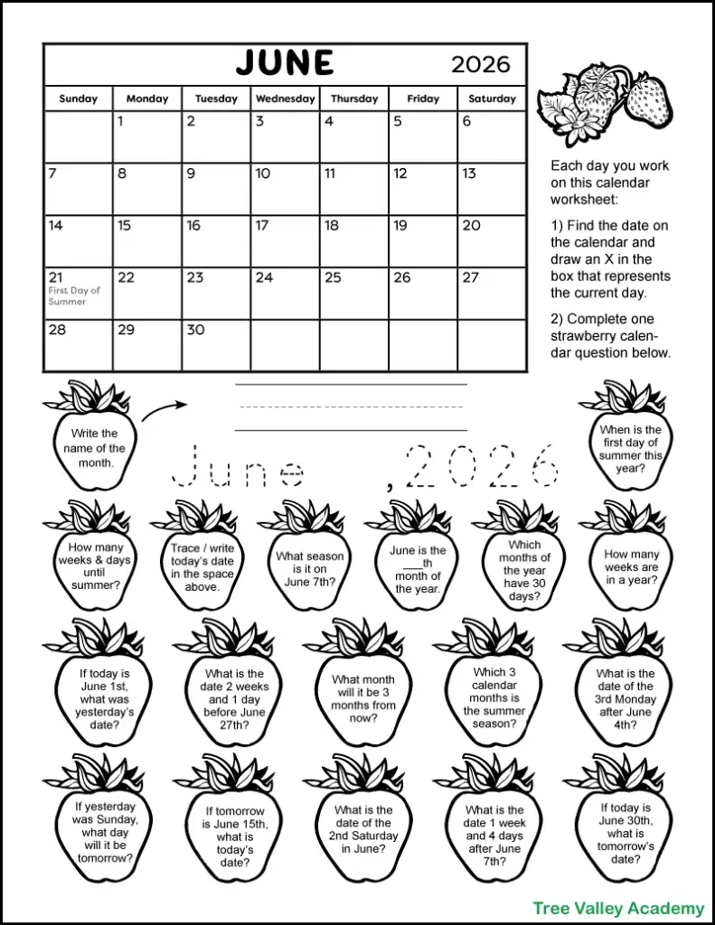 Calendar Worksheet For June 2026 Tree Valley Academy