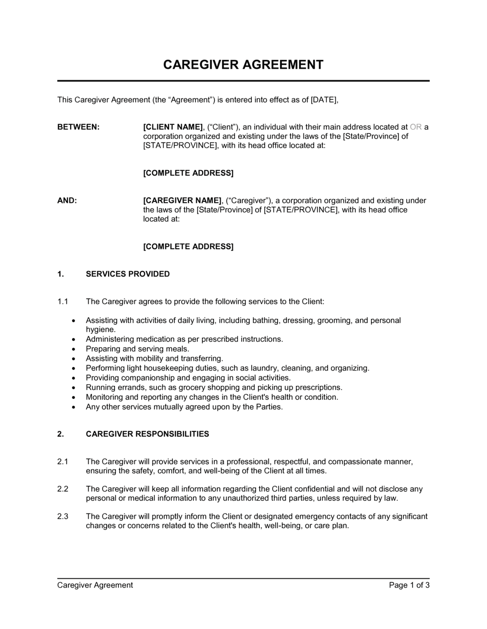 Printable Caregiver Contract Template
