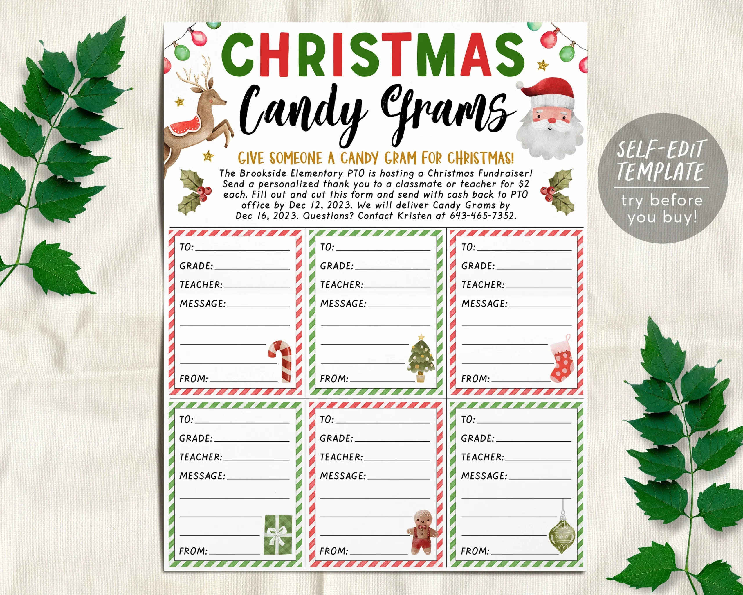 Christmas Candy Gram Flyer Editable Template Holiday Candy Cane Grams Fundraiser Event PTA PTO School Church Community Winter Printable