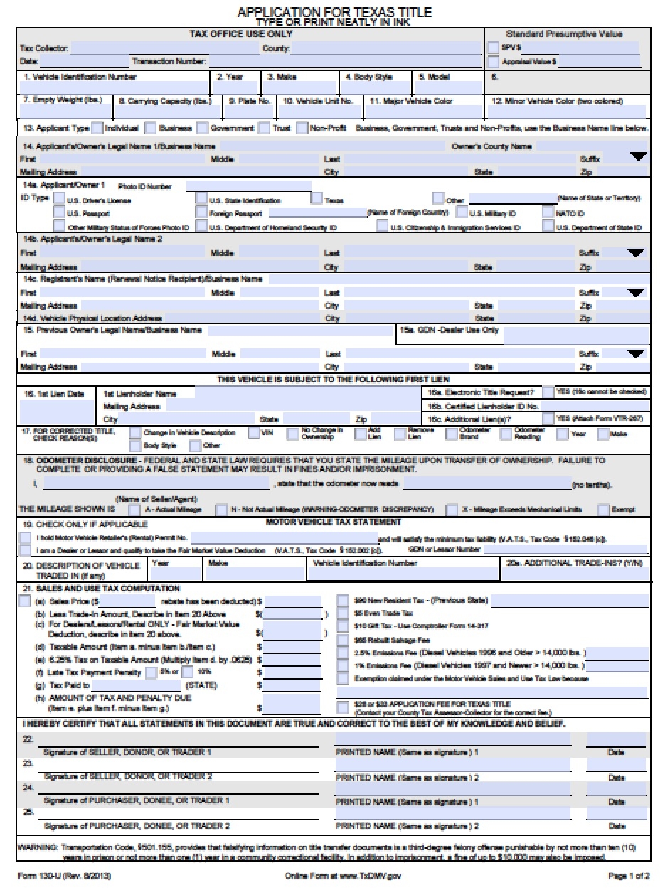 Complete Form 130 U Printable